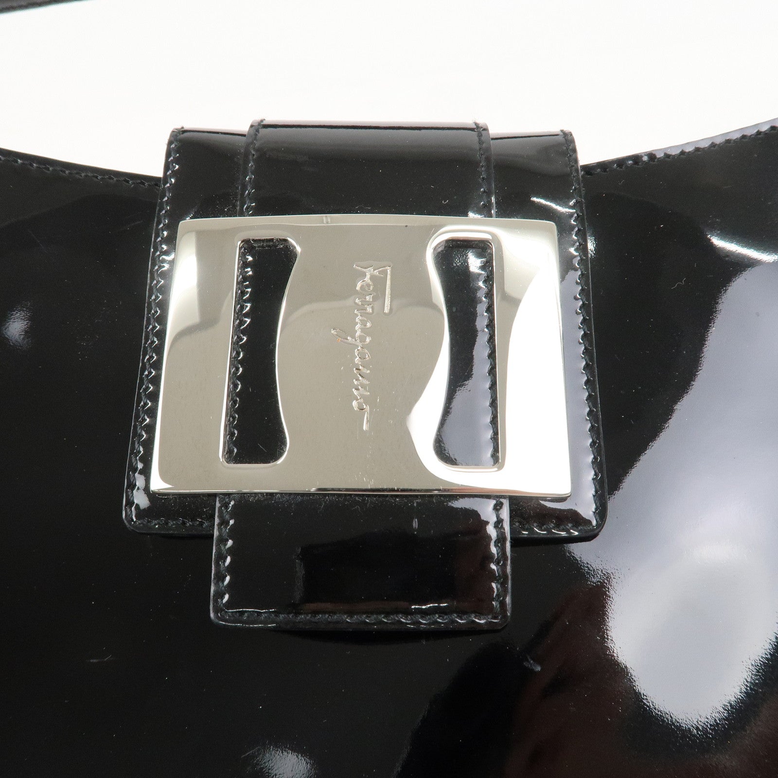 Ferragamo Patent Leather Shoulder Bag Hand Bag Black Silver HDW