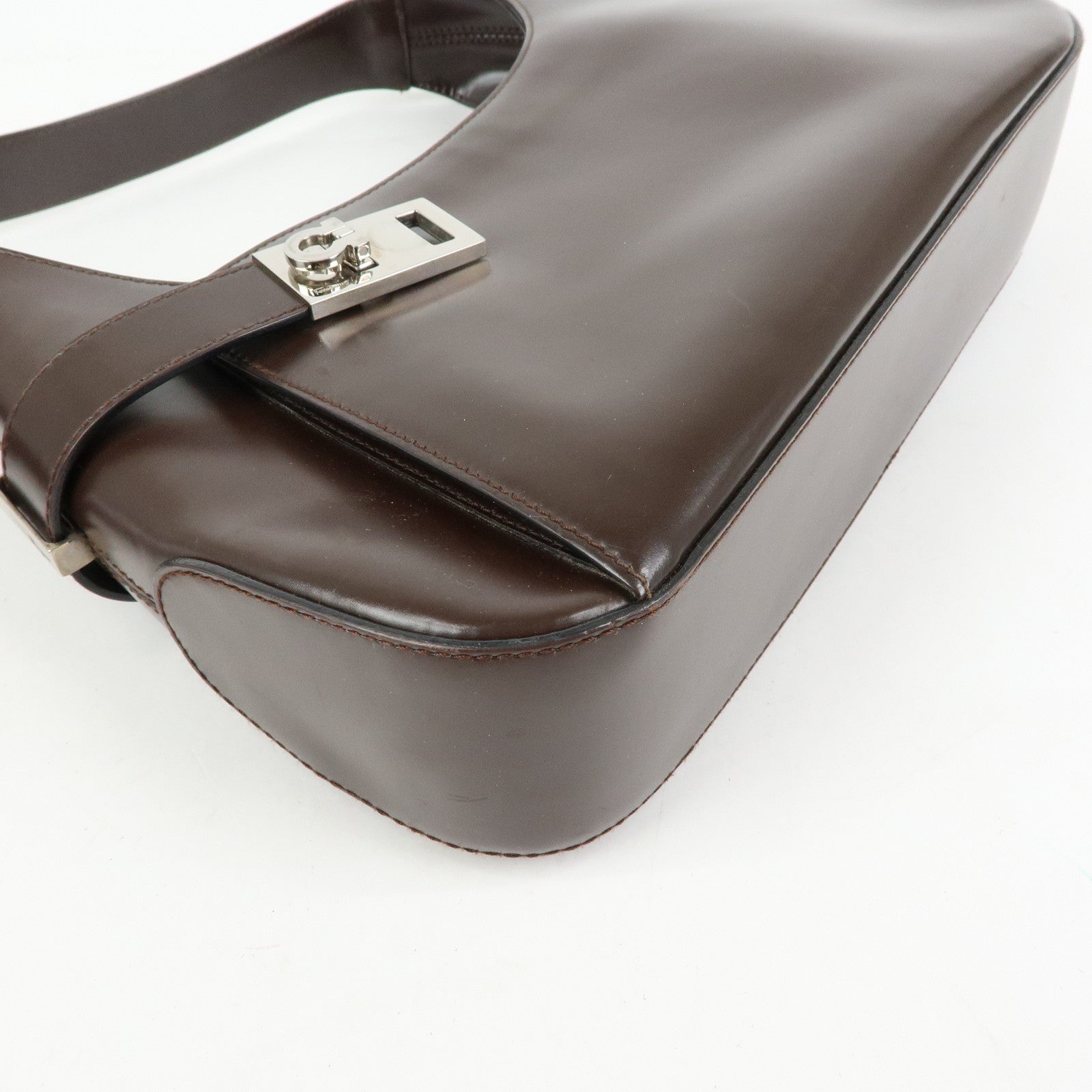 Ferragamo Gancini Leather Shoulder Bag Hand Bag Dark Brown