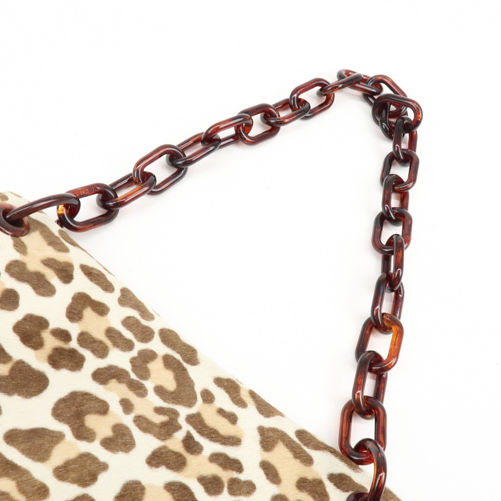 PRADA Triangle Logo Haircalf Plastic Chain Shoulder Bag Beige Brown