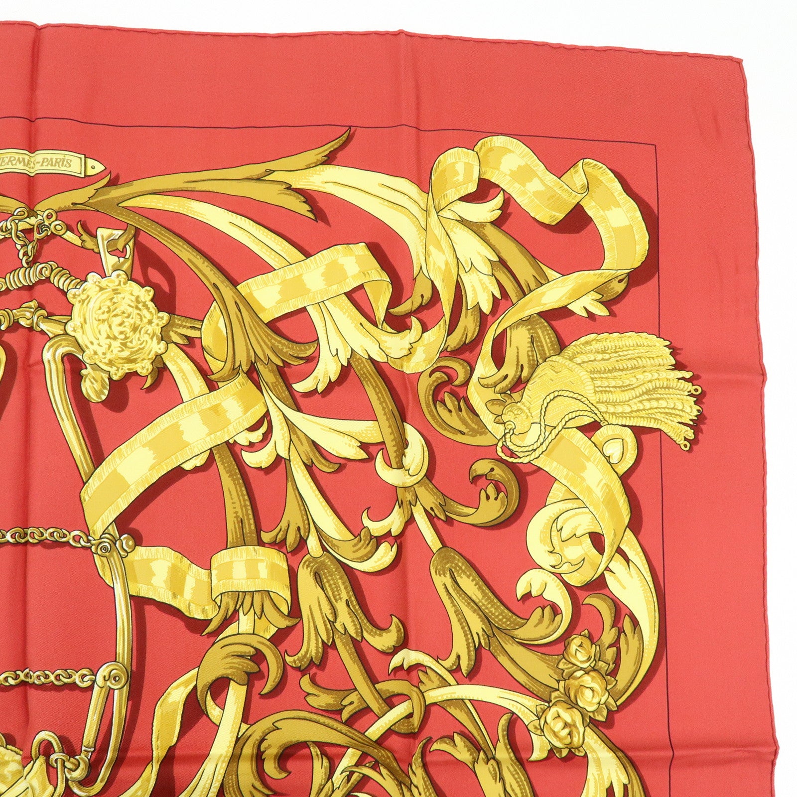 HERMES Carre 90 Silk 100% Scarf LE MORS A LA CONETABLE Red Gold