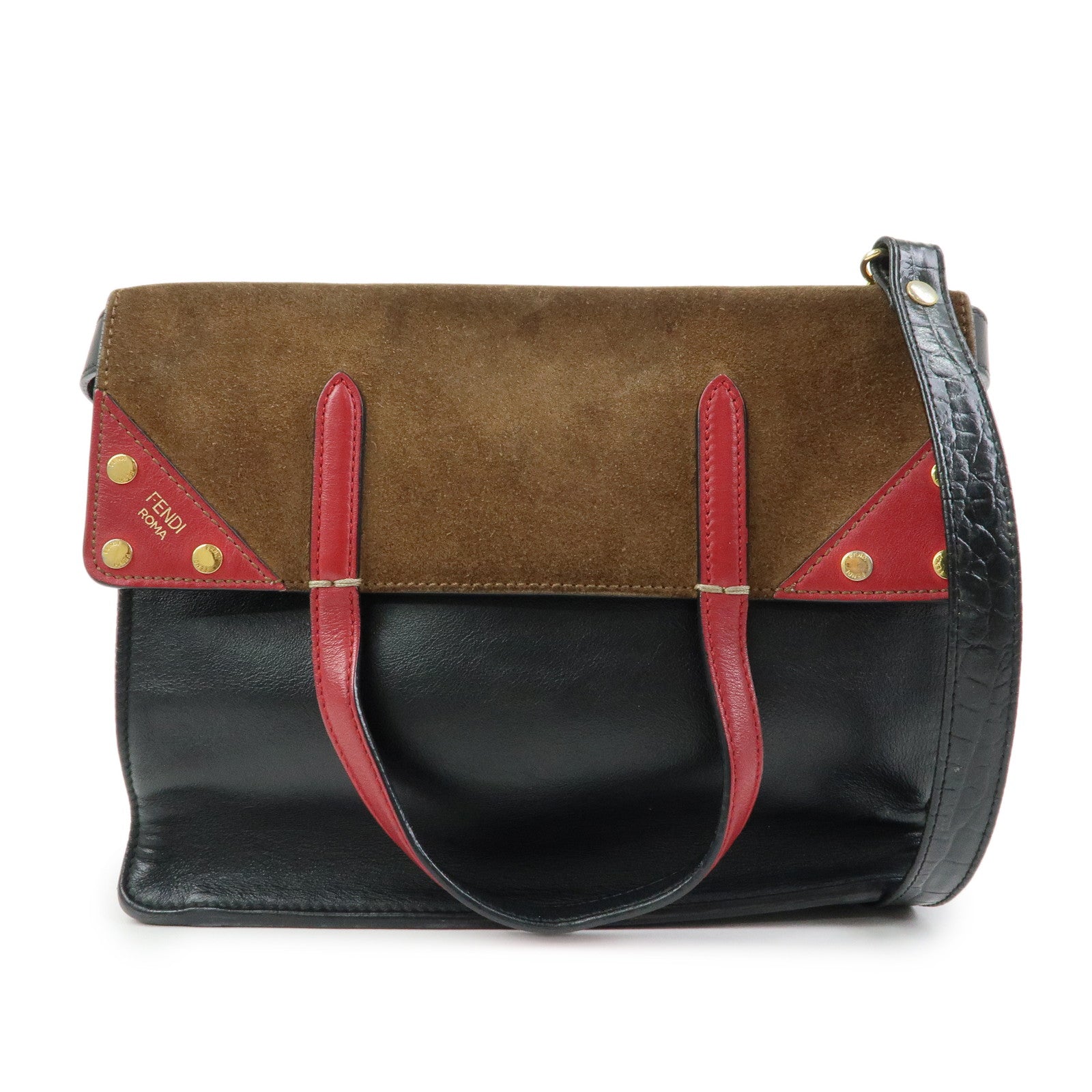 FENDI Flip Leather Suede 2Way Bag Hand Shoulder Bag Black 8BT302