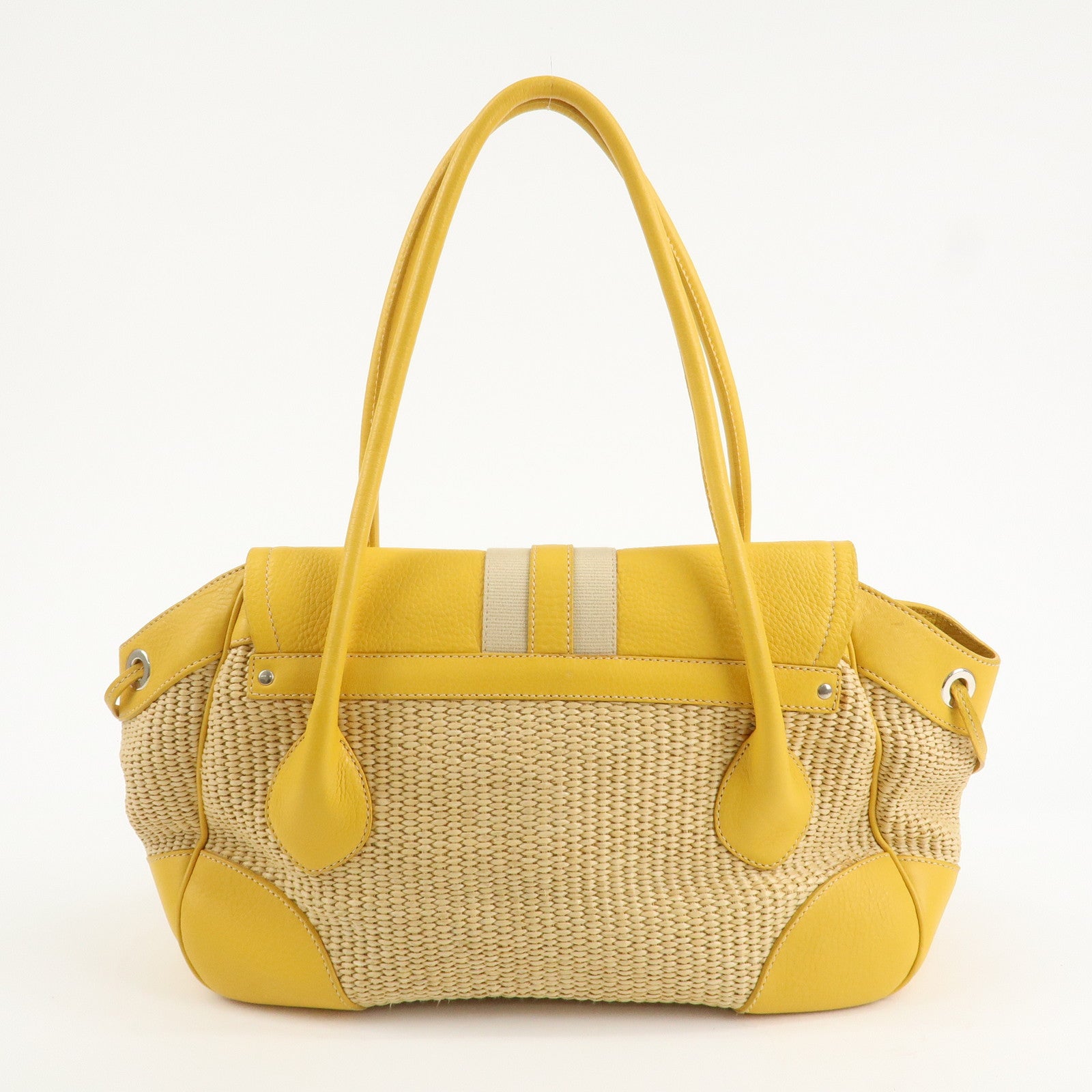 PRADA Triangle Logo Leather Raffia Tote Bag Beige Yellow Used