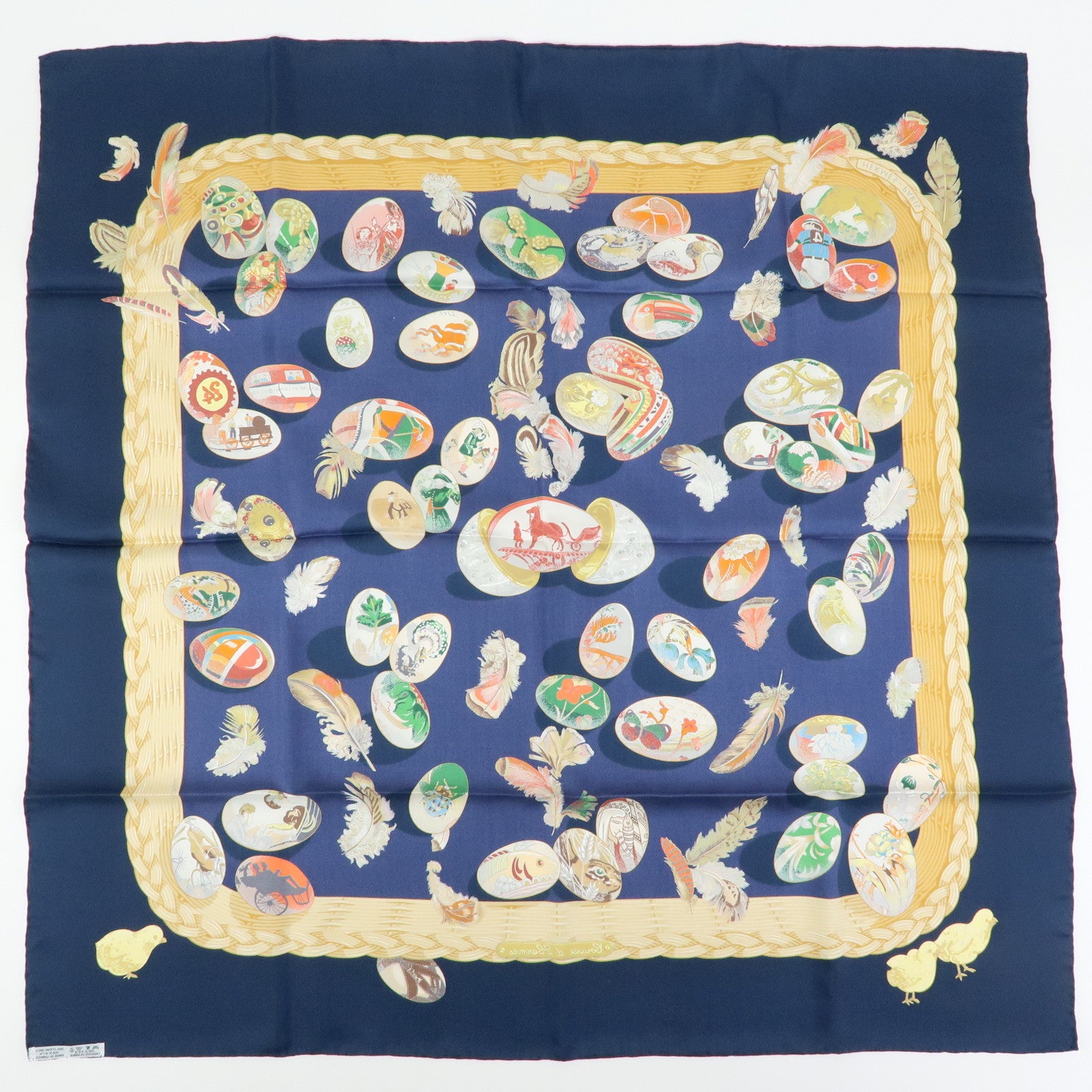 HERMES Carre 90 Silk 100% Scarf COUVEE D HERMES Egg Print Navy Gold