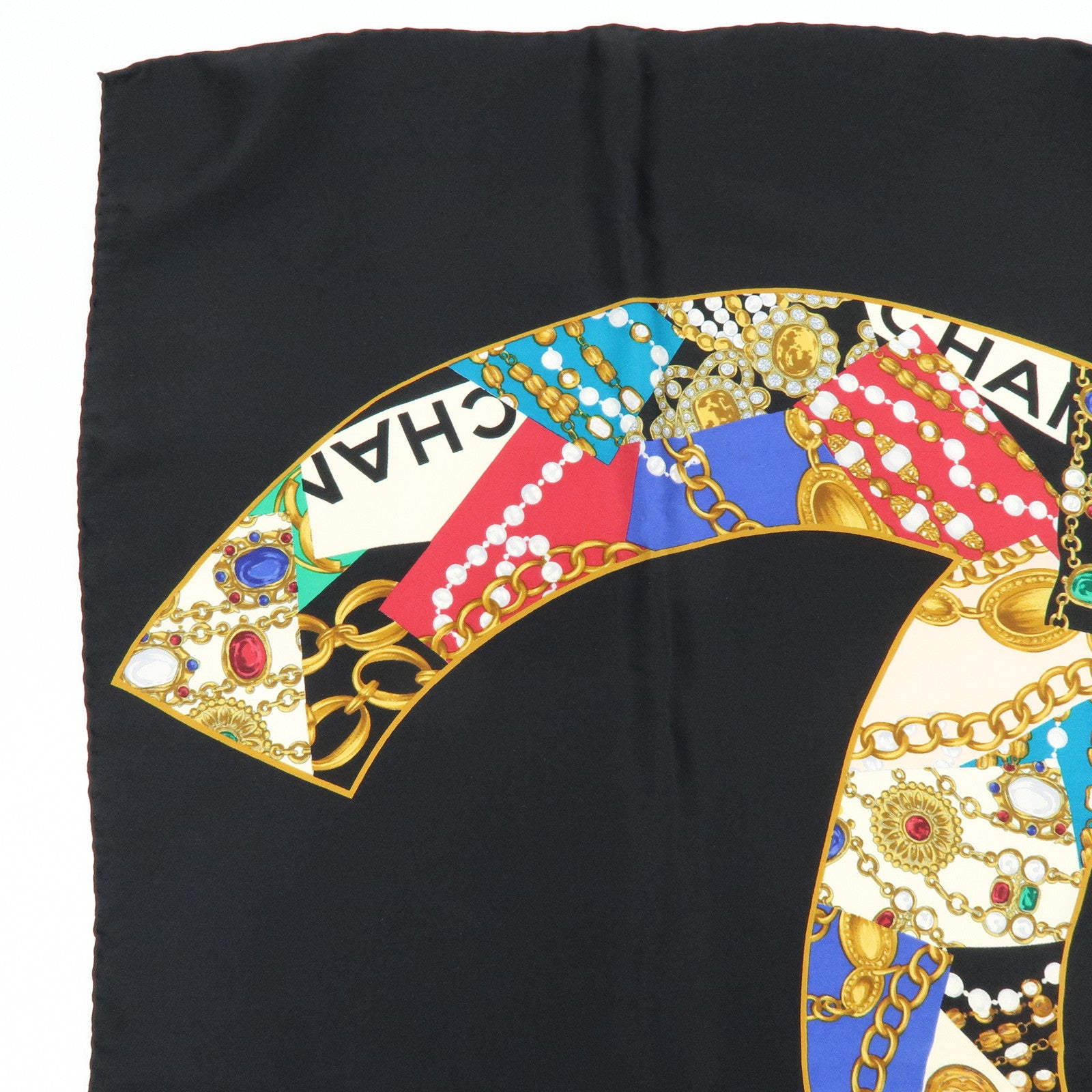 CHANEL COCO Mark Silk 100% Scarf Black Multicolor