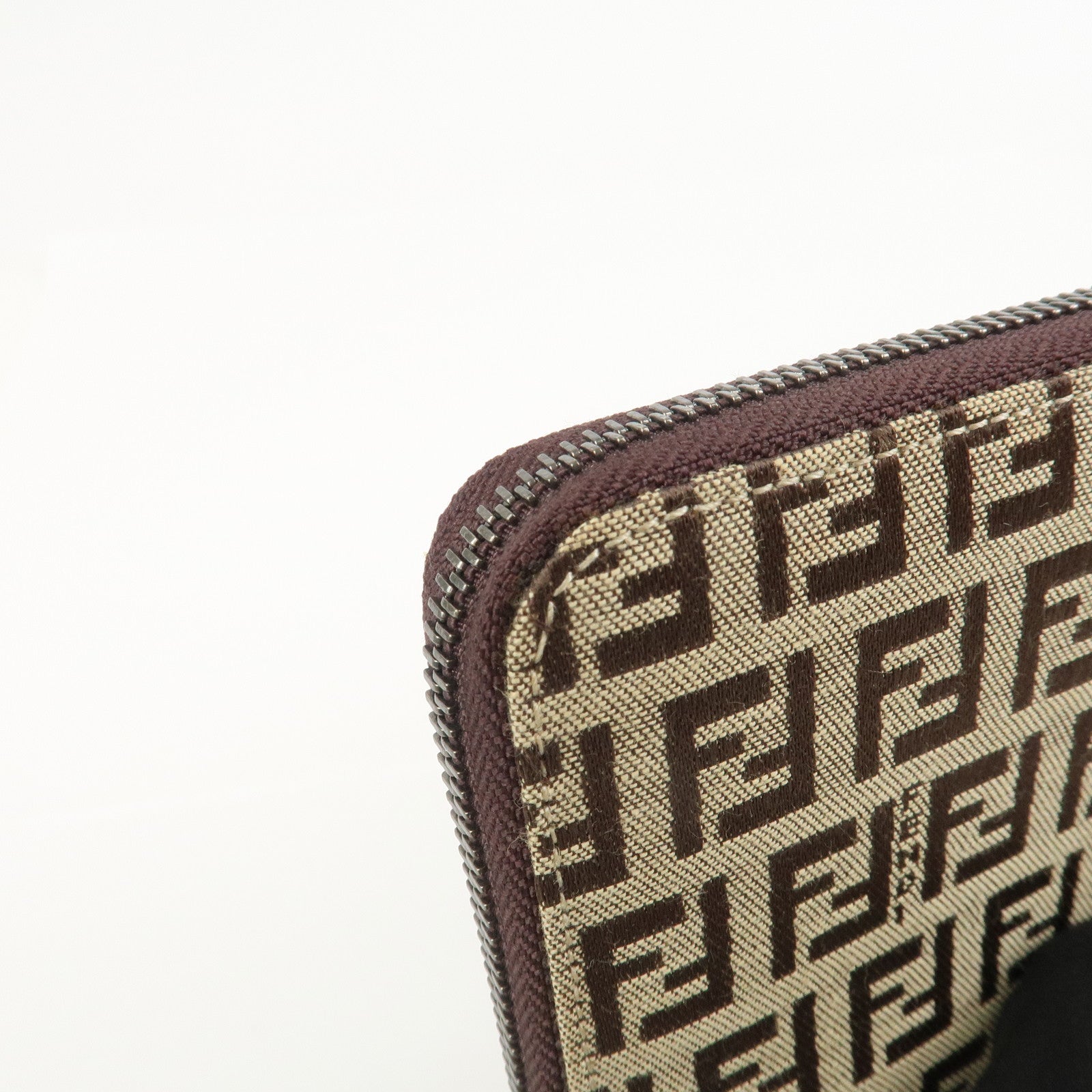 FENDI Zucchino Canvas Leather Round Zippy Long Wallet Brown 8M0024