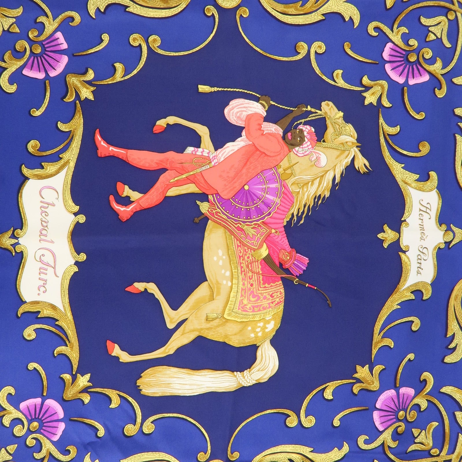 HERMES Carre 90 Silk 100% Scarf Cheval Turc Blue Gold Navy Used