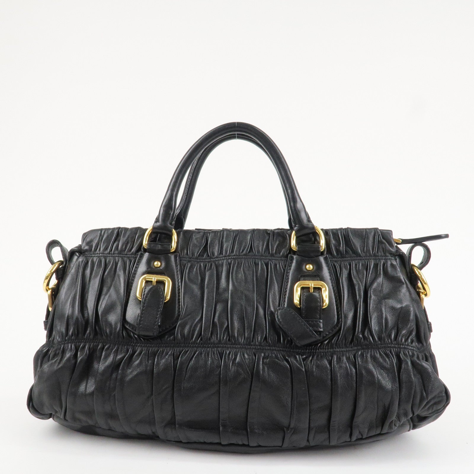 PRADA Logo Leather 2WAY Tote Bag Hand Bag Black Gold HDW B11091 Used