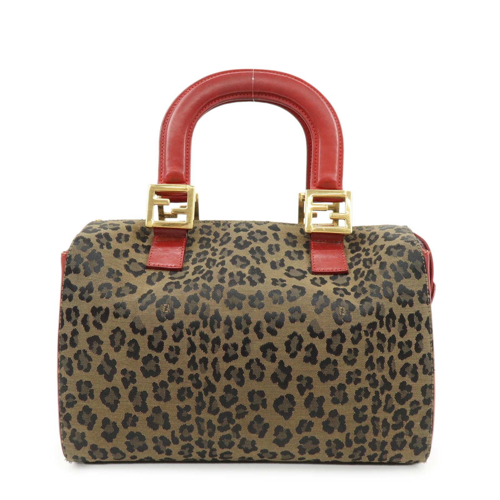 FENDI Canvas Leather Hand Bag Boston Bag Leopard Brown Red