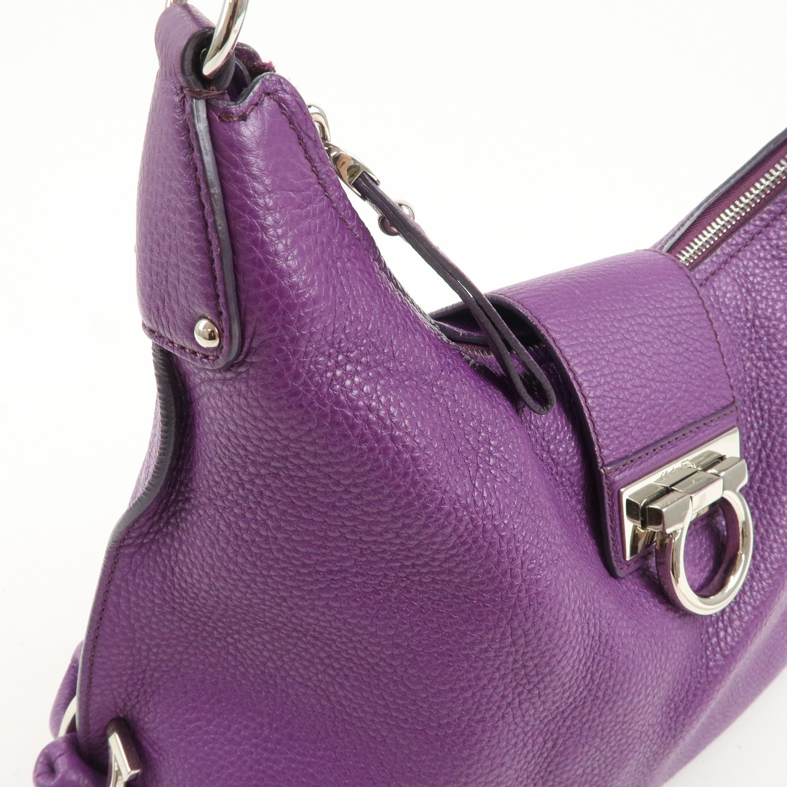 Ferragamo Gancini Logo Leather Shoulder Bag Hand Bag Purple