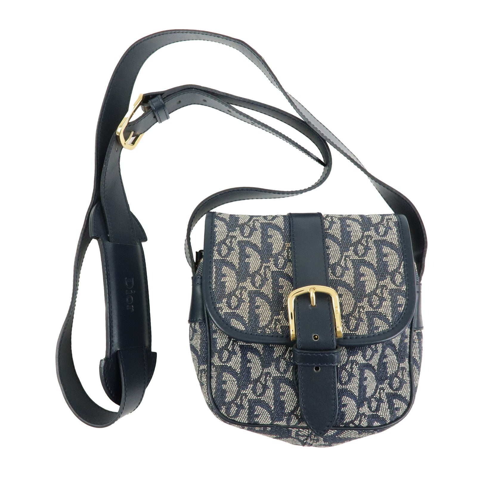 Christian Dior Trotter Jacquard Leather Shoulder Crossbody Bag Navy
