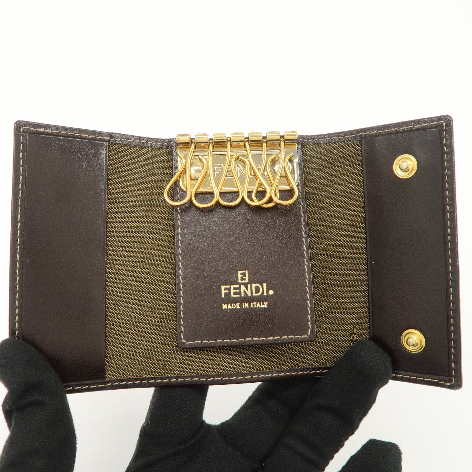 FENDI Zucca Canvas Leather 6 Ring Key Case Brown Black 10163
