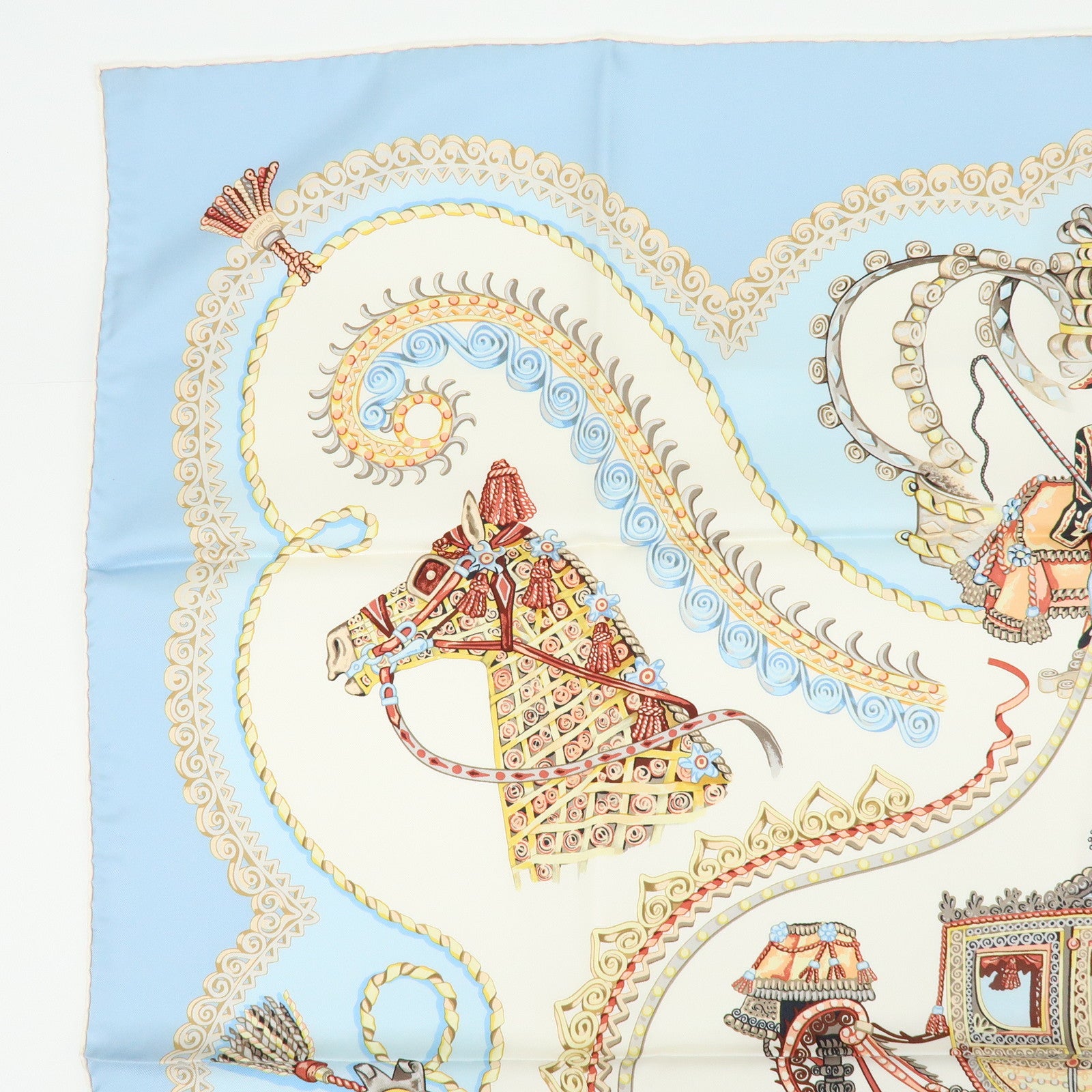 HERMES Carre 90 Silk 100% Scarf PAPEROLLES Light Blue Ivory