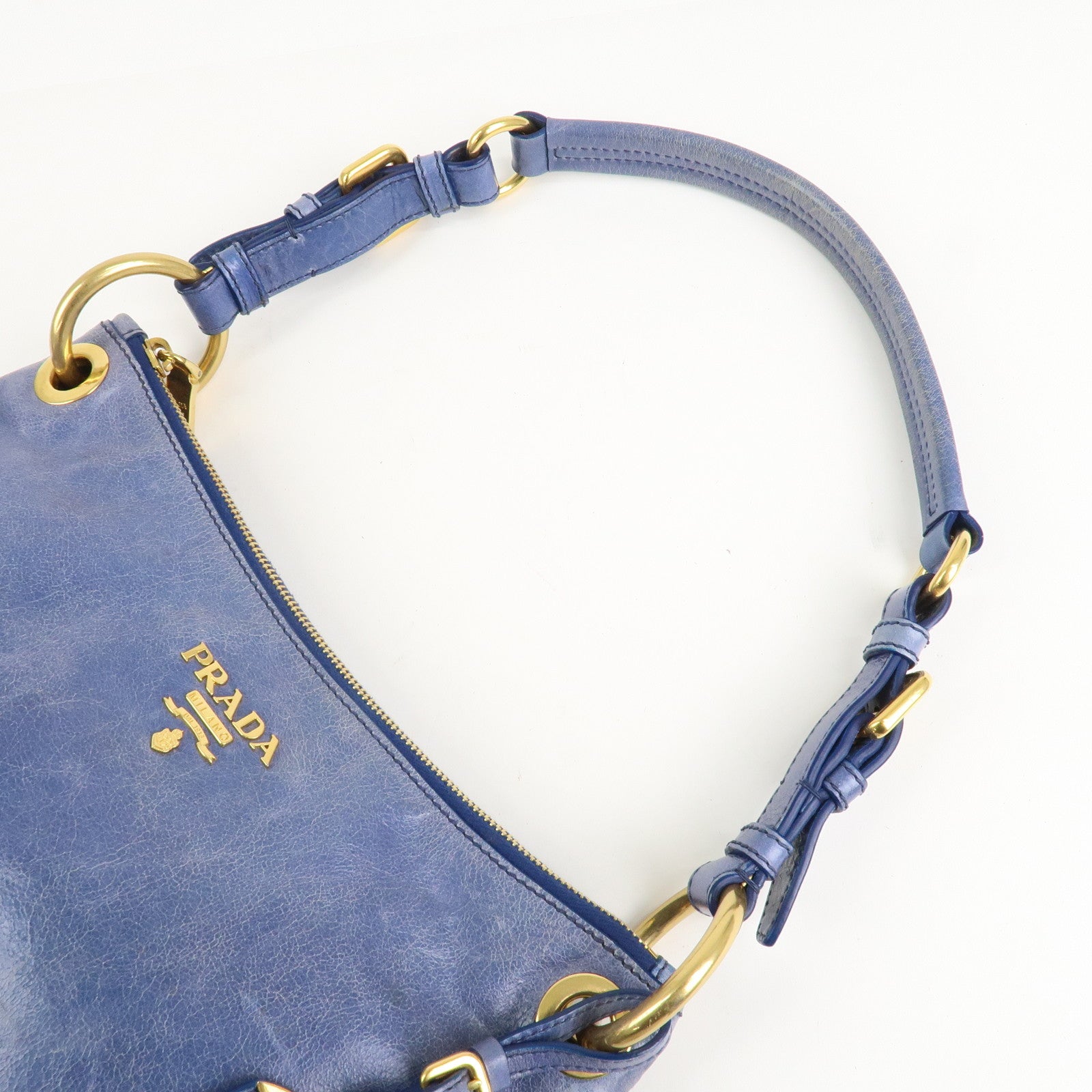 PRADA Leather Shoulder Bag Hand Bag Blue BR4984 Used