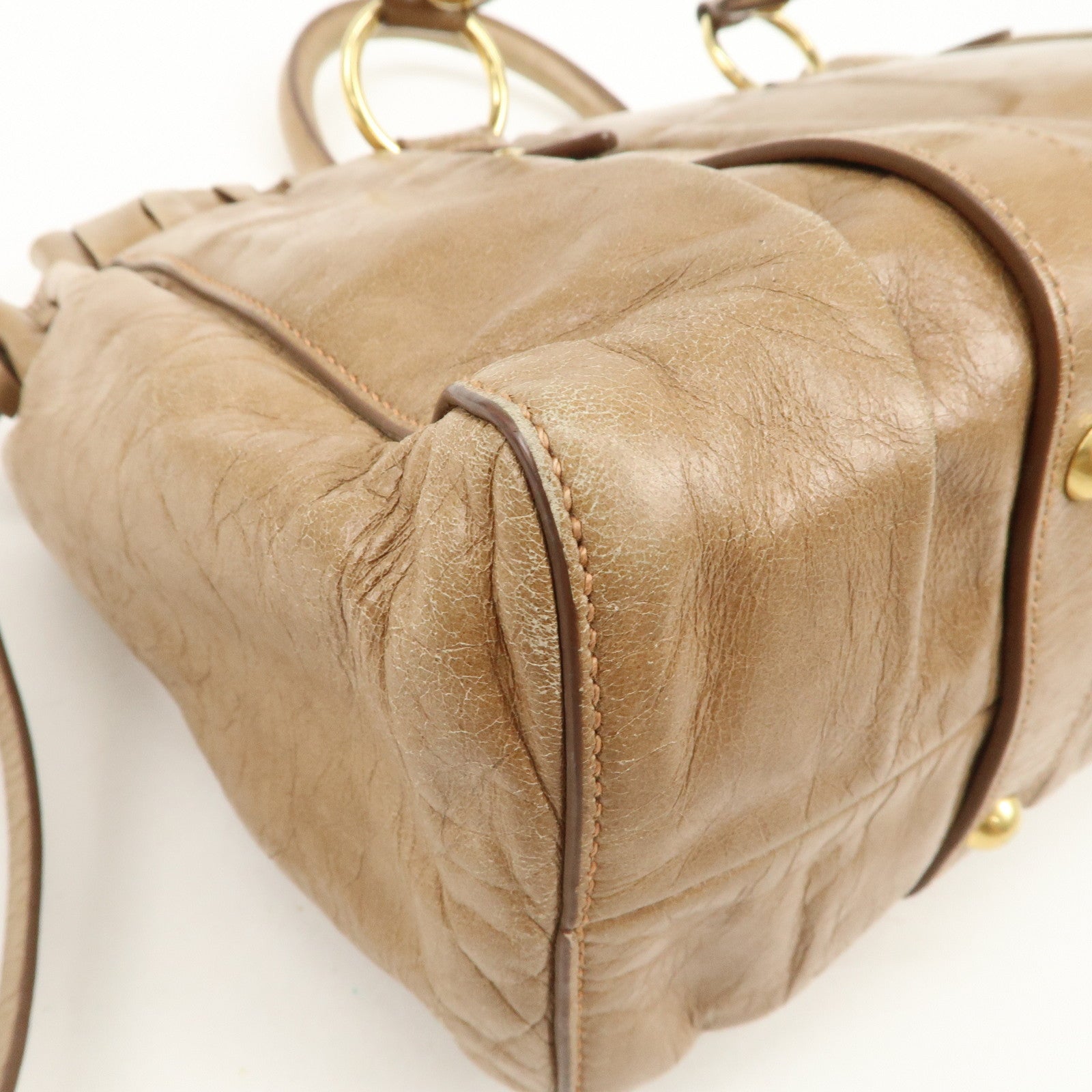 MIU MIU Leather 2Way Gathered Hand Bag Shoulder Bag Brown RT0383