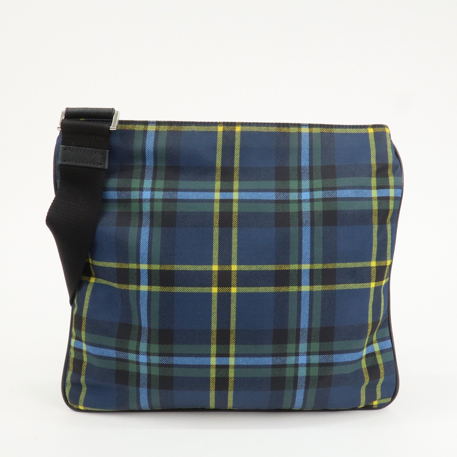 PRADA Triangle Logo Nylon Plaid Shoulder Bag Navy Multicolor VA053M Used