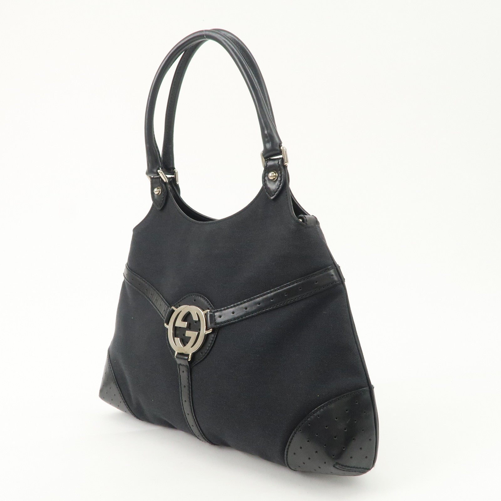 GUCCI Interlocking G Canvas Leather Hand Shoulder Bag Black 114875 Used