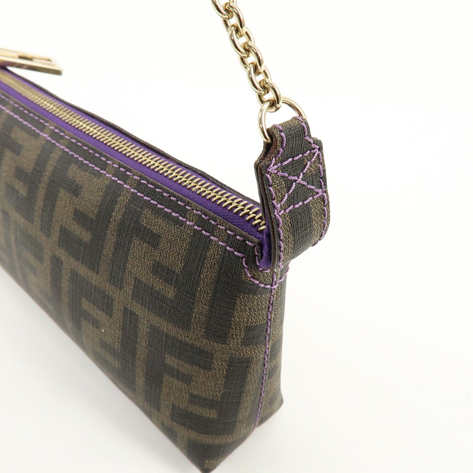 FENDI Zucca Print PVC Chain Accessory Pouch Brown Purple 8BR592