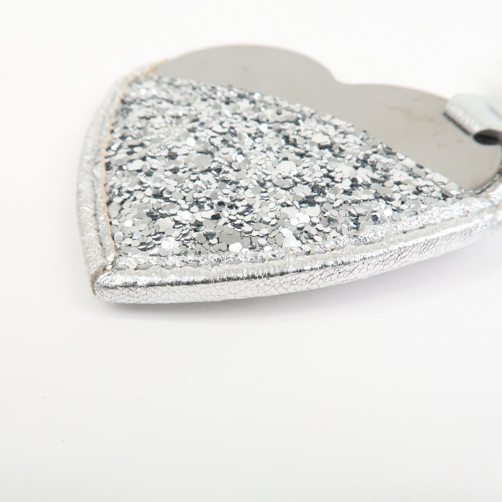 MIU MIU Heart Motif Glitter Leather Key Chain Bag Charm Silver