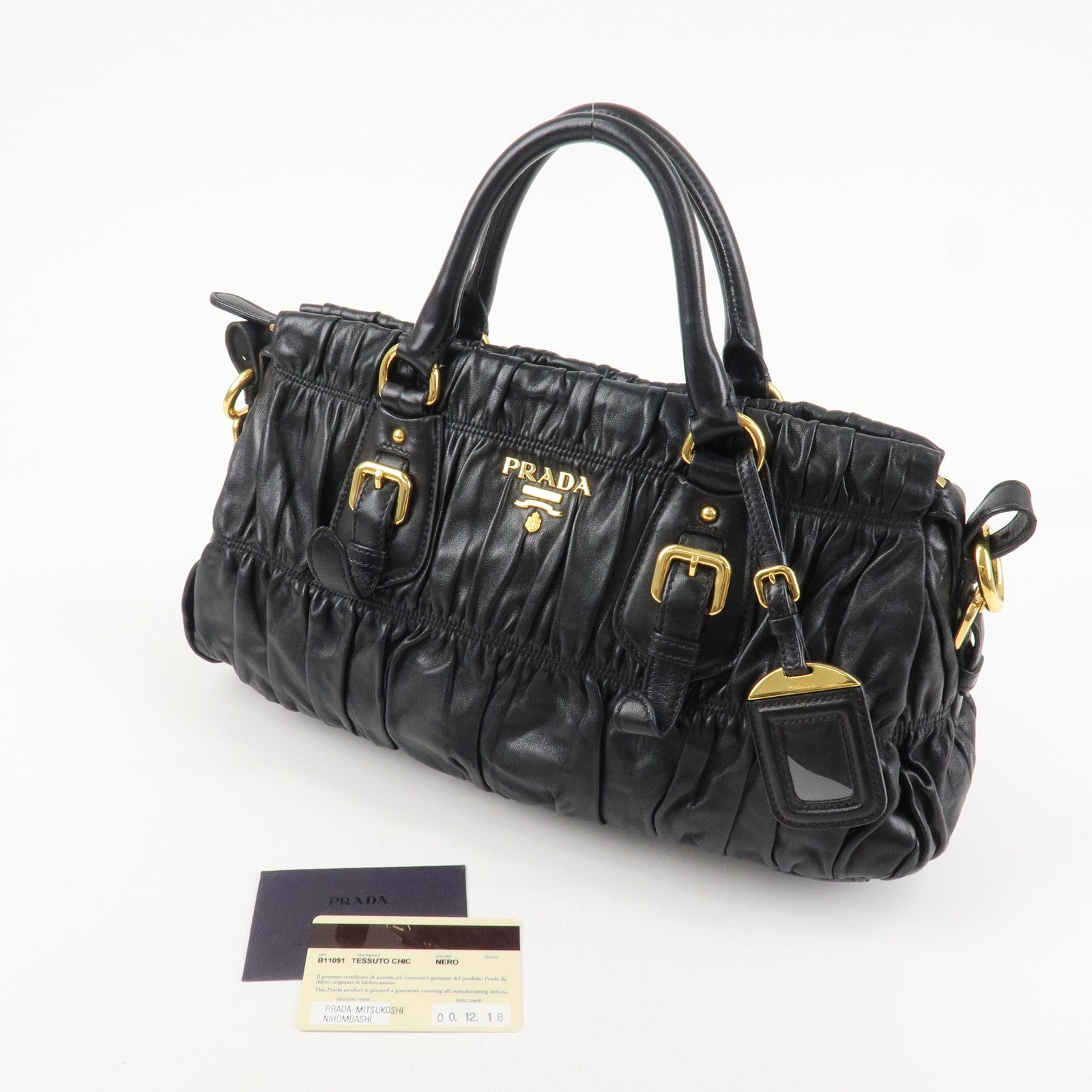 PRADA Logo Leather 2WAY Tote Bag Hand Bag Black Gold HDW B11091 Used