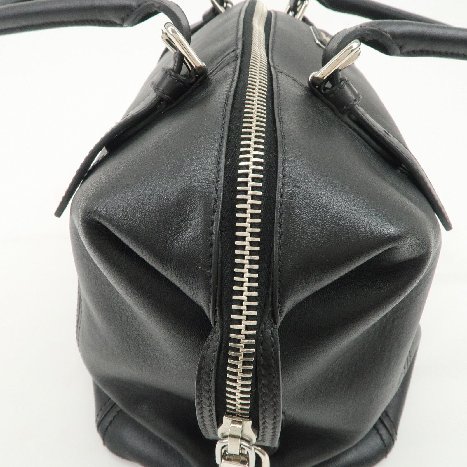PRADA Triangle Logo Leather Boston Bag Shoulder Bag Black BR4998