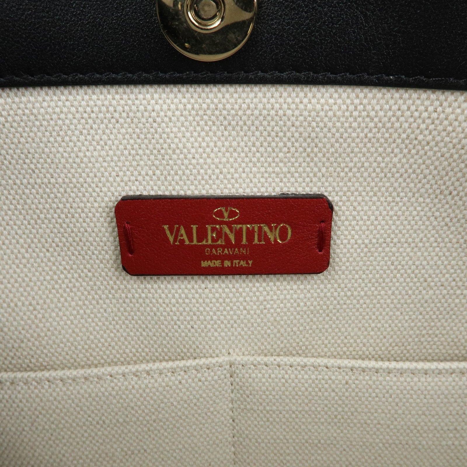 VALENTINO Rockstud Canvas Leather Tote Bag Hand Bag Natural Black