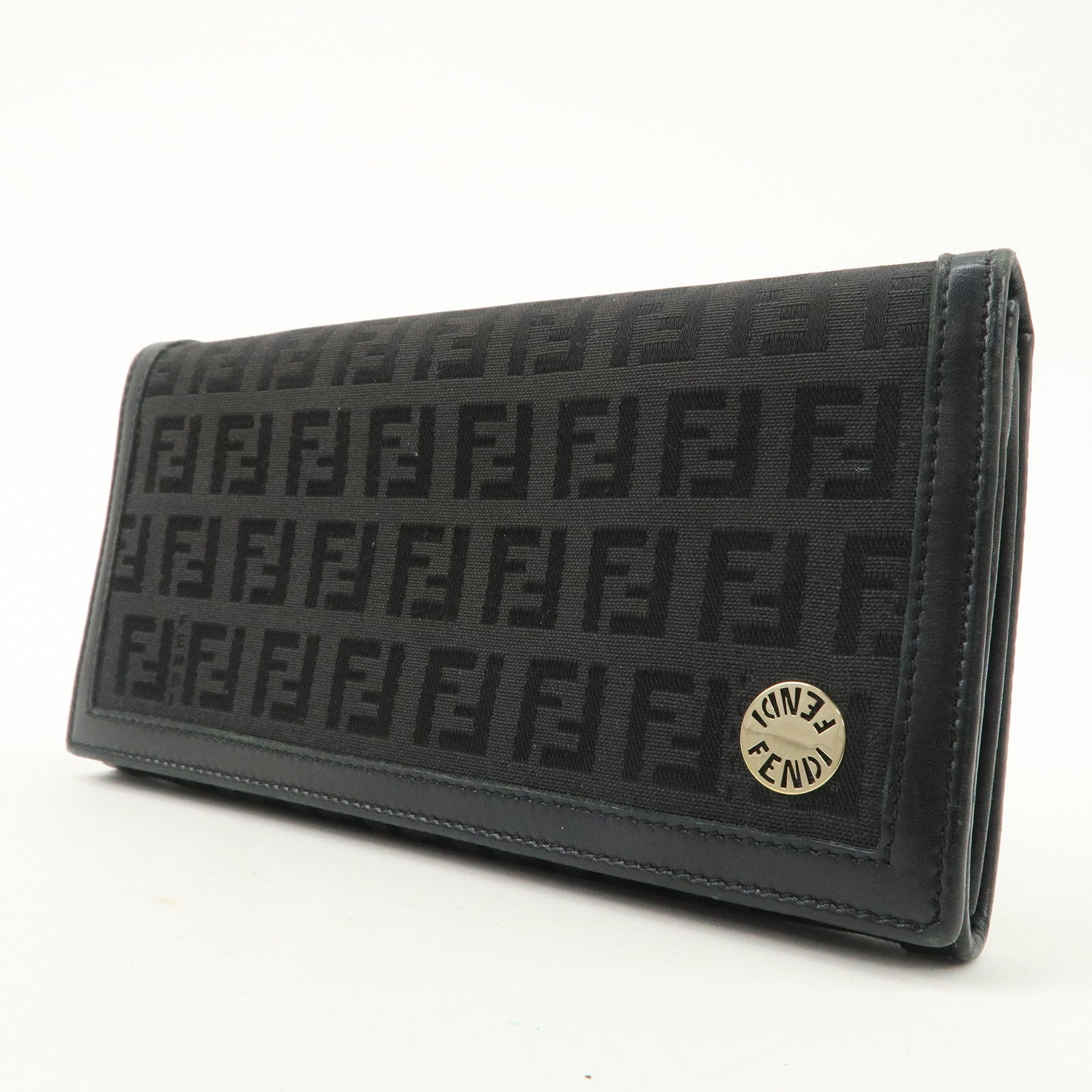 FENDI Zucchino Canvas Leather Bi-fold Long Wallet Black 8M0000 Used