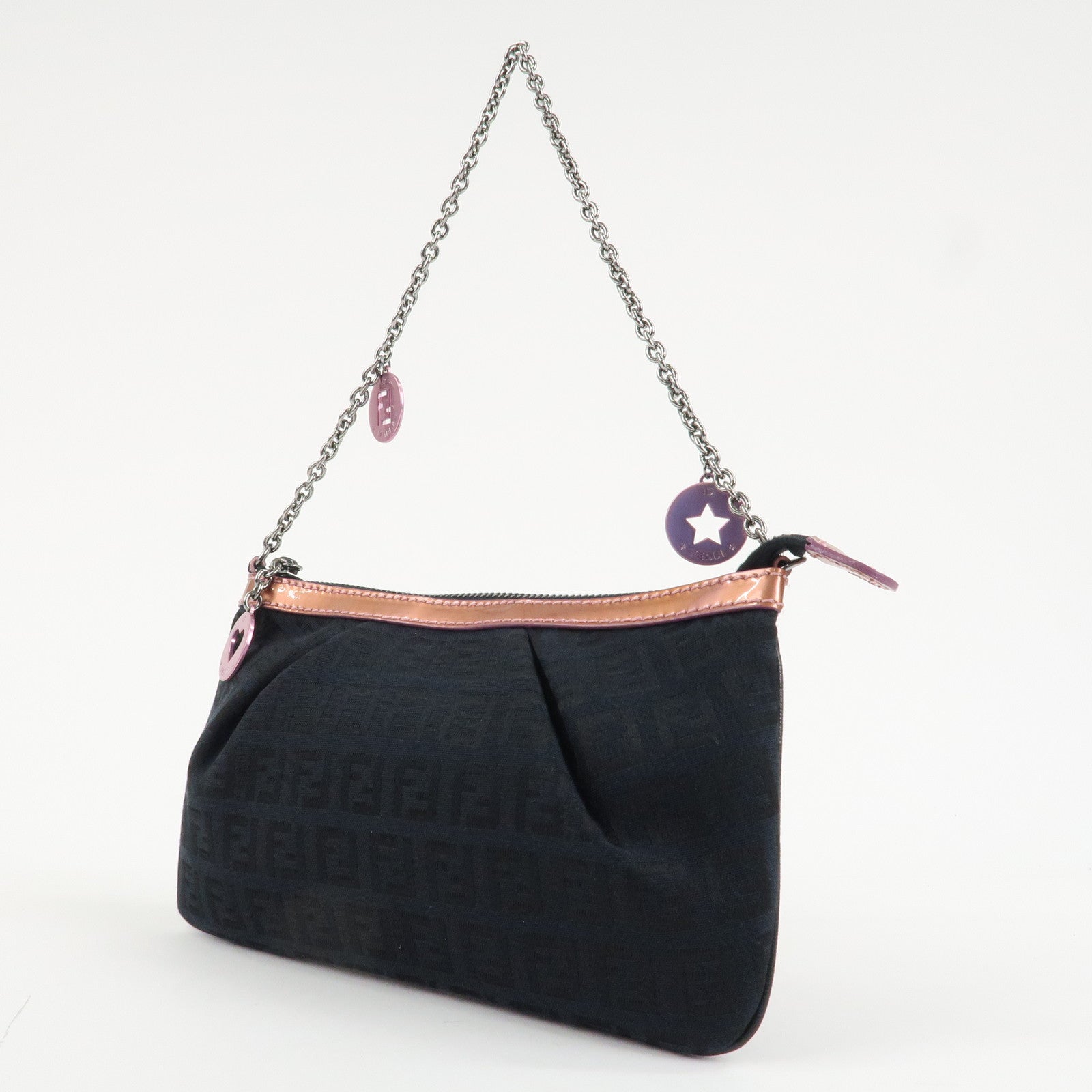 FENDI Zucchino Canvas Leather Chain Hand Bag Black Pink 8BR594 Used