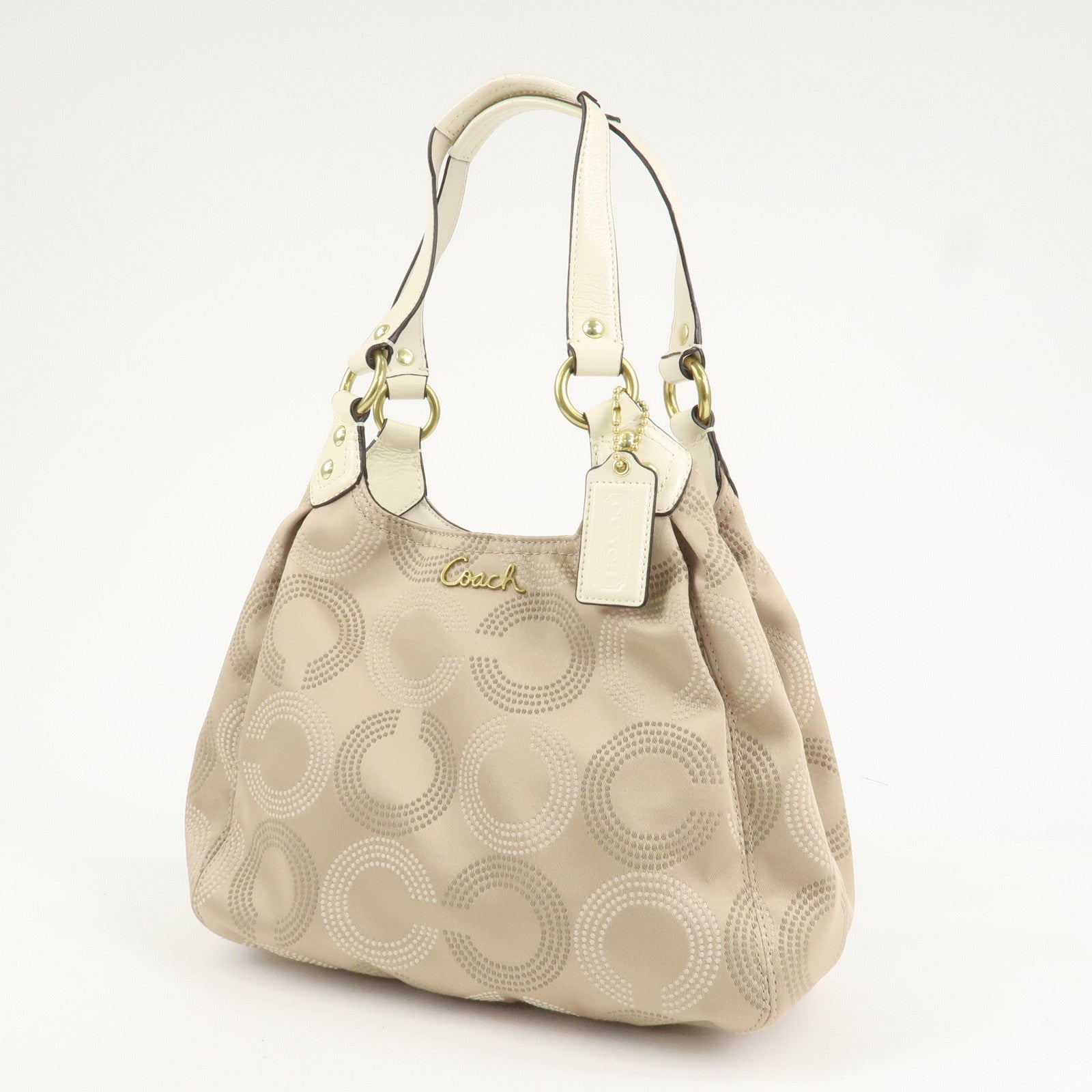 COACH Ashley Canvas Patent Leather Dot Op Art Hobo Bag Beige F21920 Used