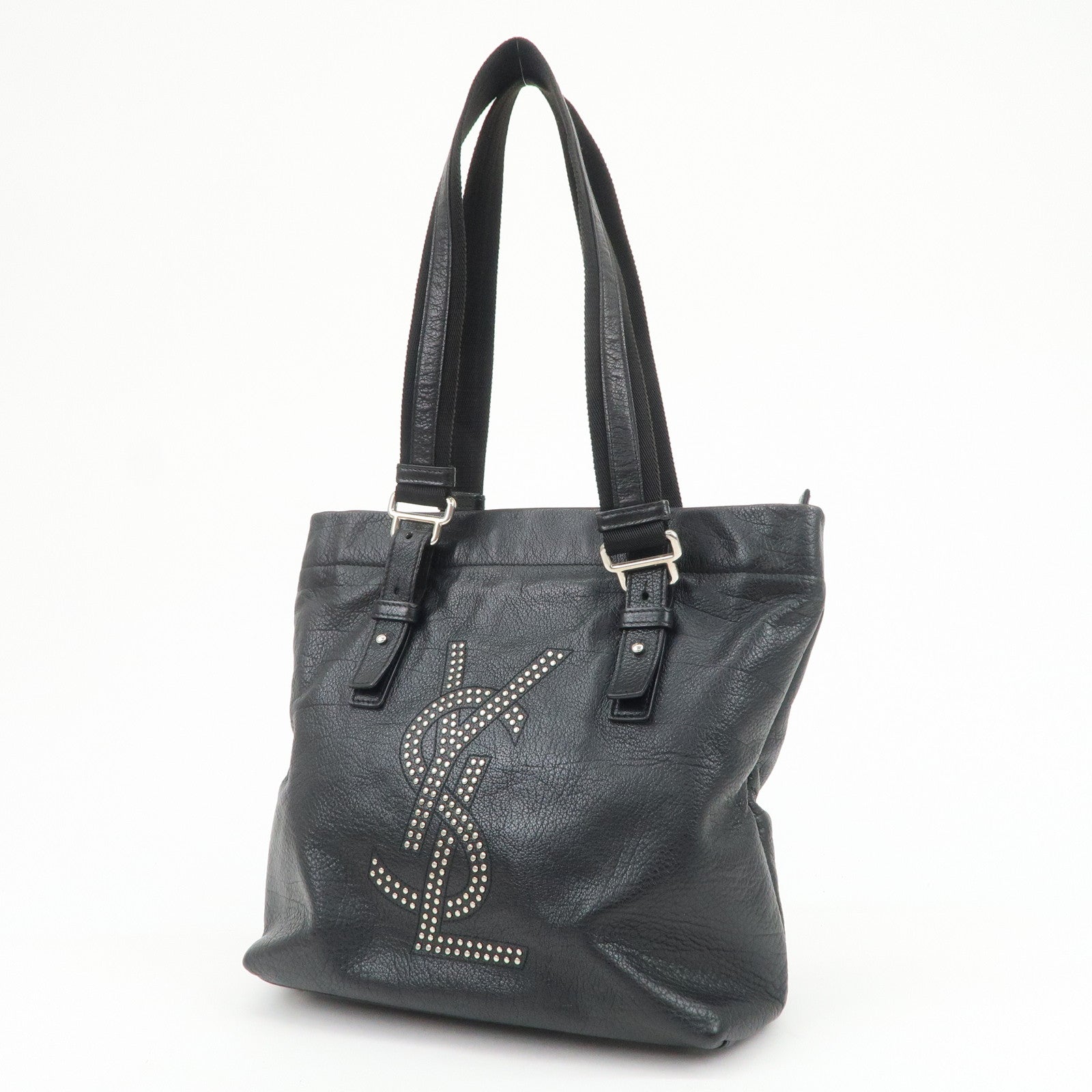 SAINT LAURENT PARIS Leather Canvas Tote Bag Hand Bag Shoulder Bag