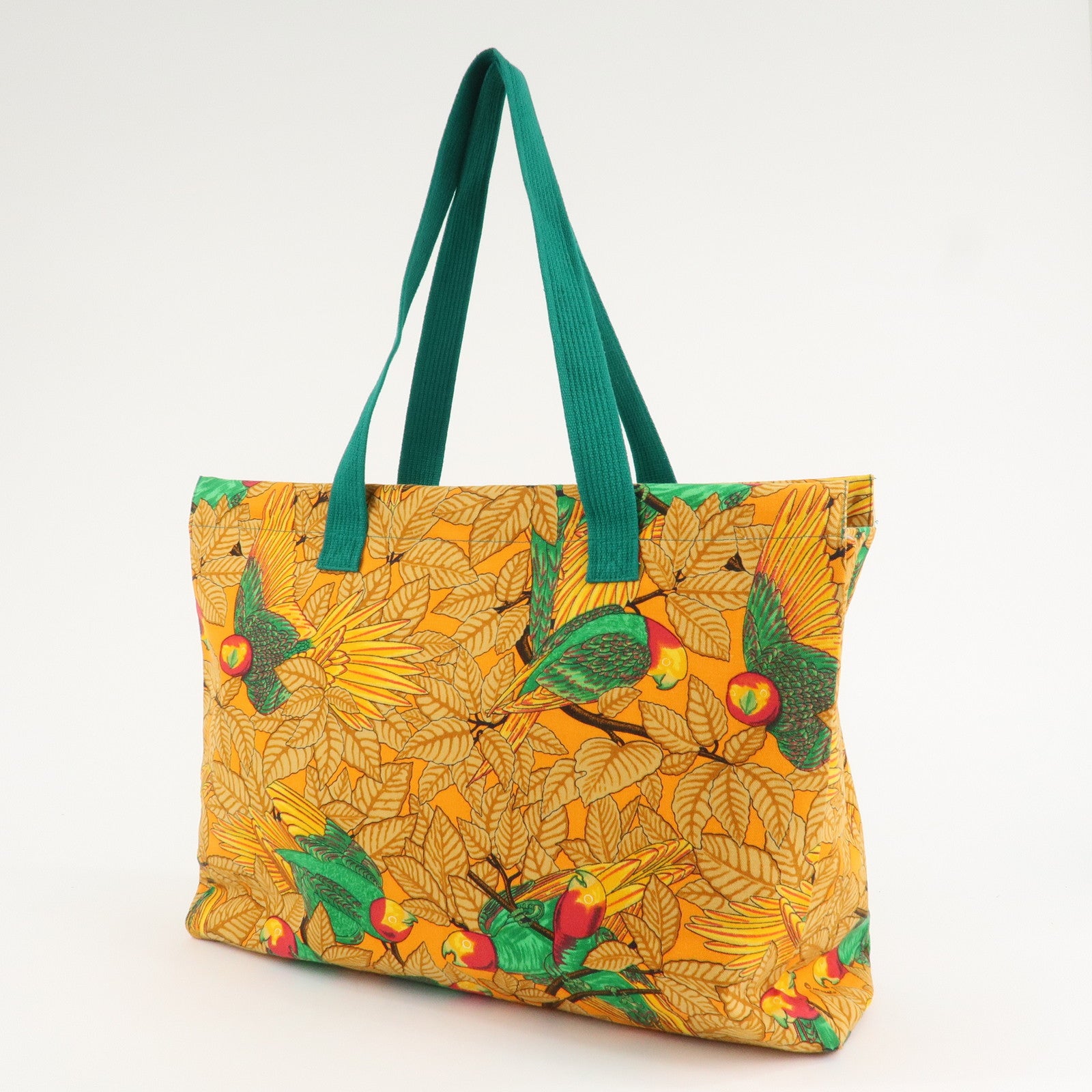 HERMES Cotton Canvas Tote Bag Shoulder Bag Parrot Pattern Orange Green Used
