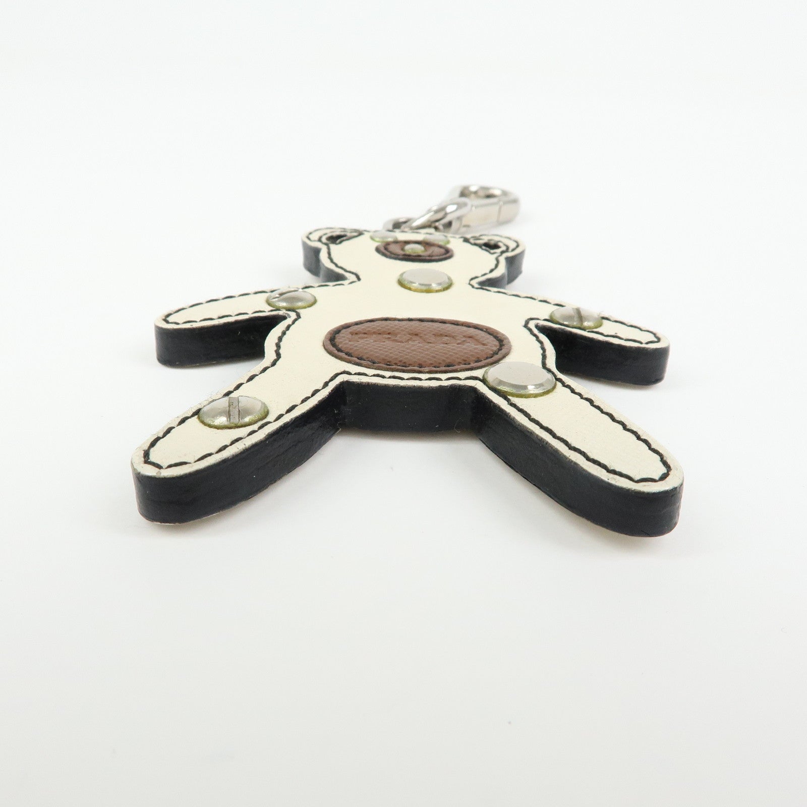 PRADA Saffiano Leather Bear Bag Charm Key Holder Ivory Brown 1AR831