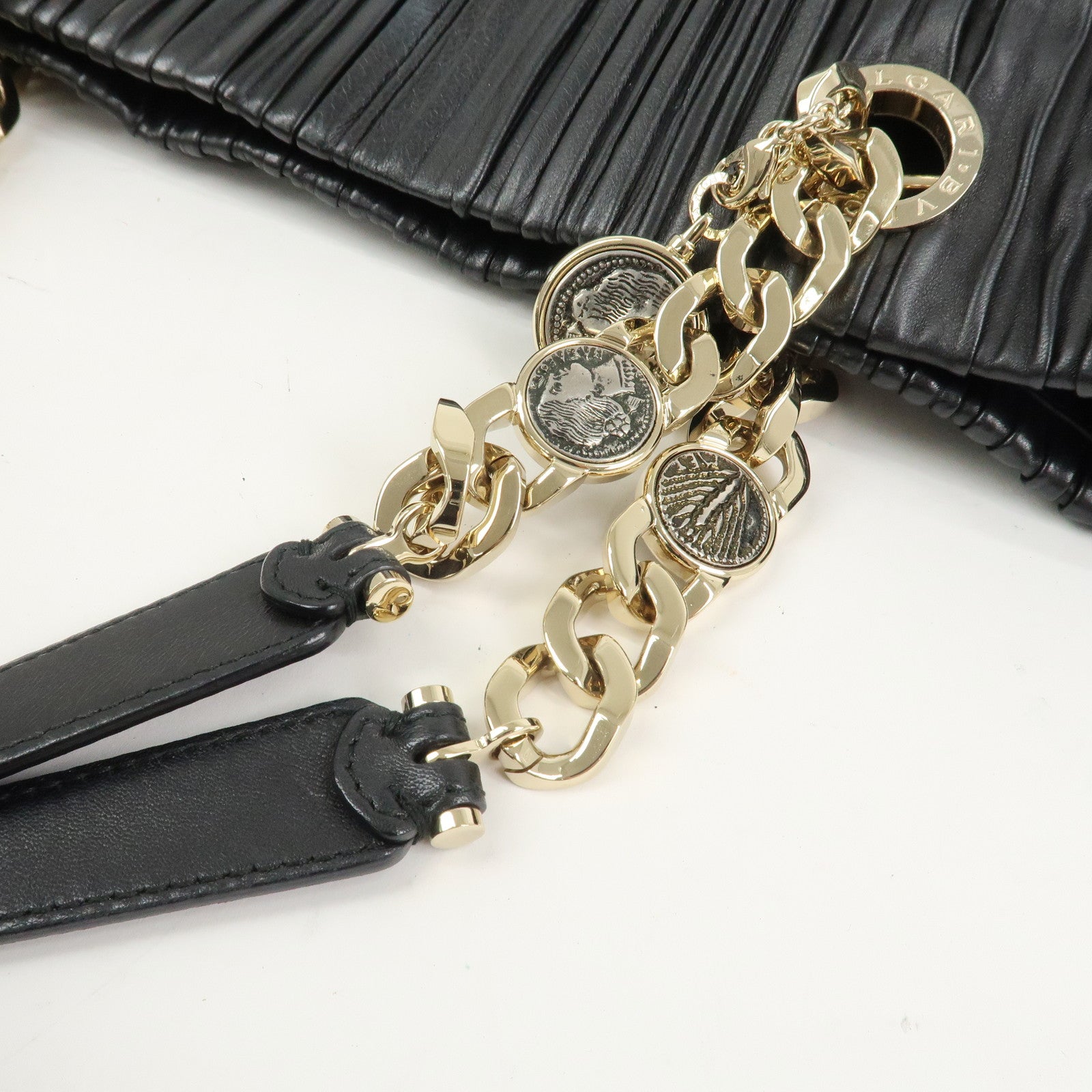 BVLGARI Monete Nappa Plisse Chain Shoulder Bag Tote Bag Black