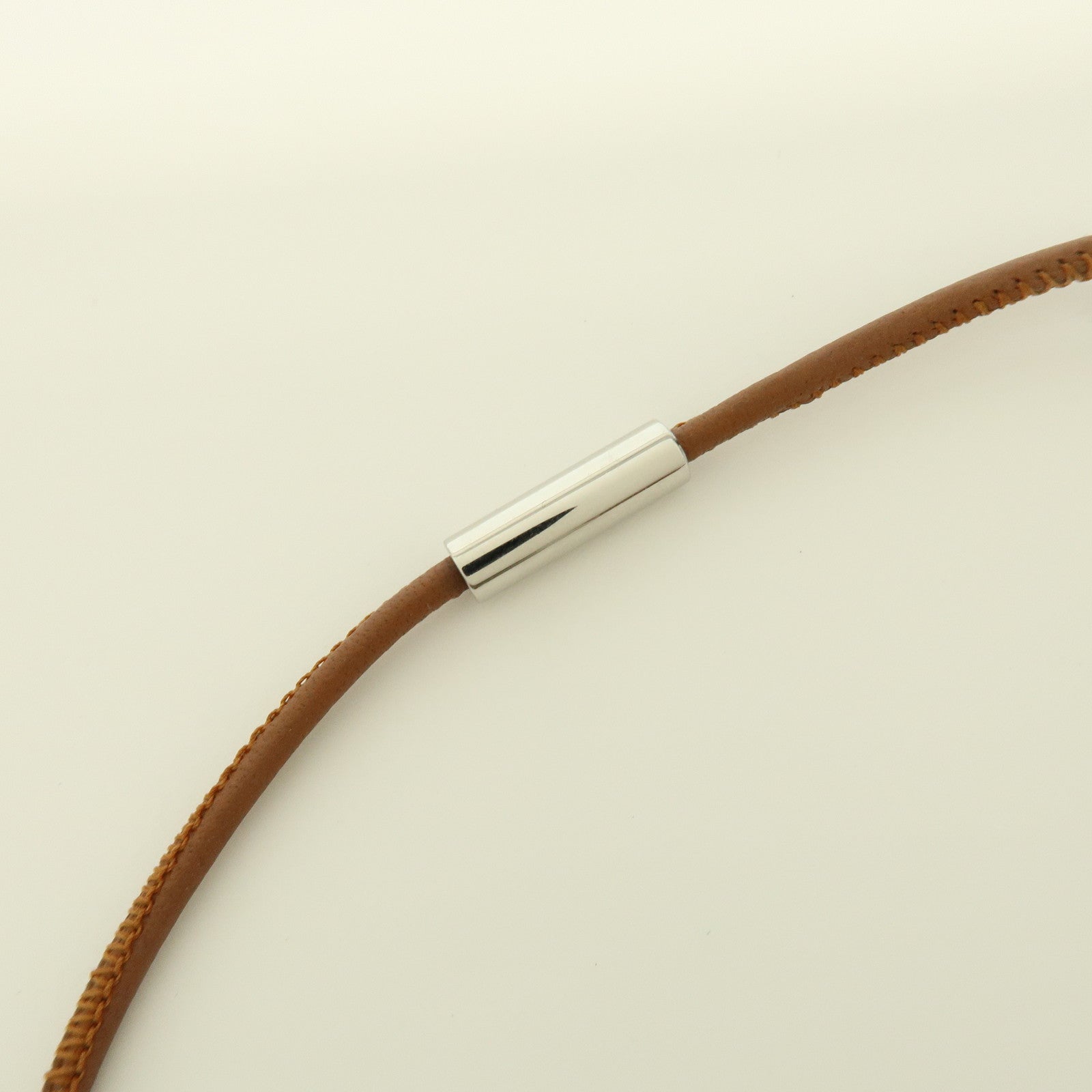HERMES Logo Leather Metal Necklace Brown Pink Light Blue