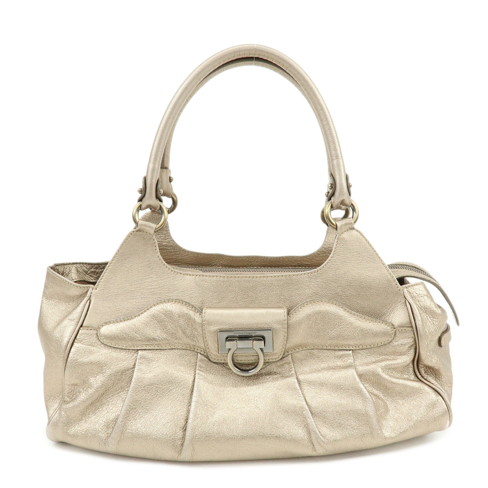 Ferragamo Gancini Leather Shoulder Bag Hand Bag Champagne Gold