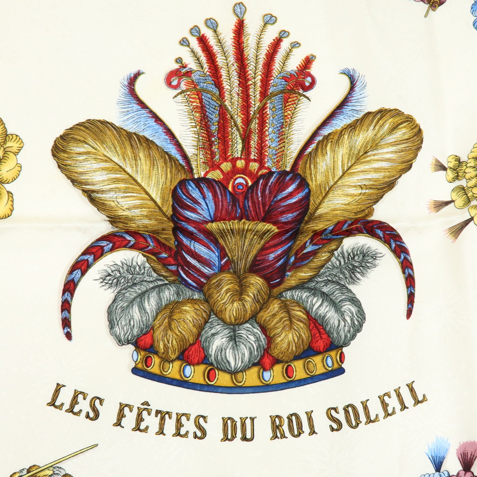 HERMES Carre 90 Silk 100% Scarf LES FERES DU ROI SOLEIL Red Gold