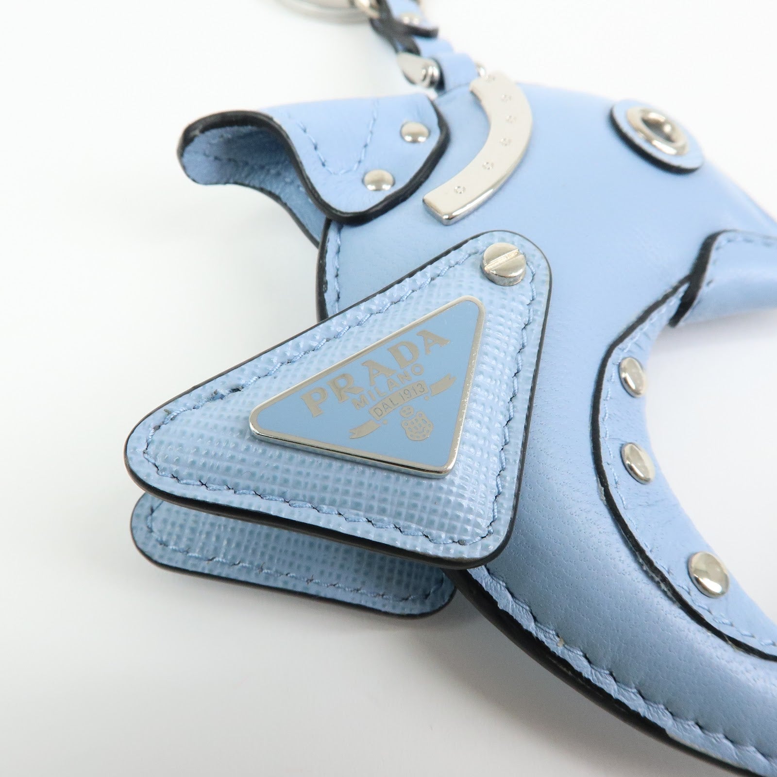 PRADA Triangle Logo Dolphin Motif Leather Key Charm Light Blue