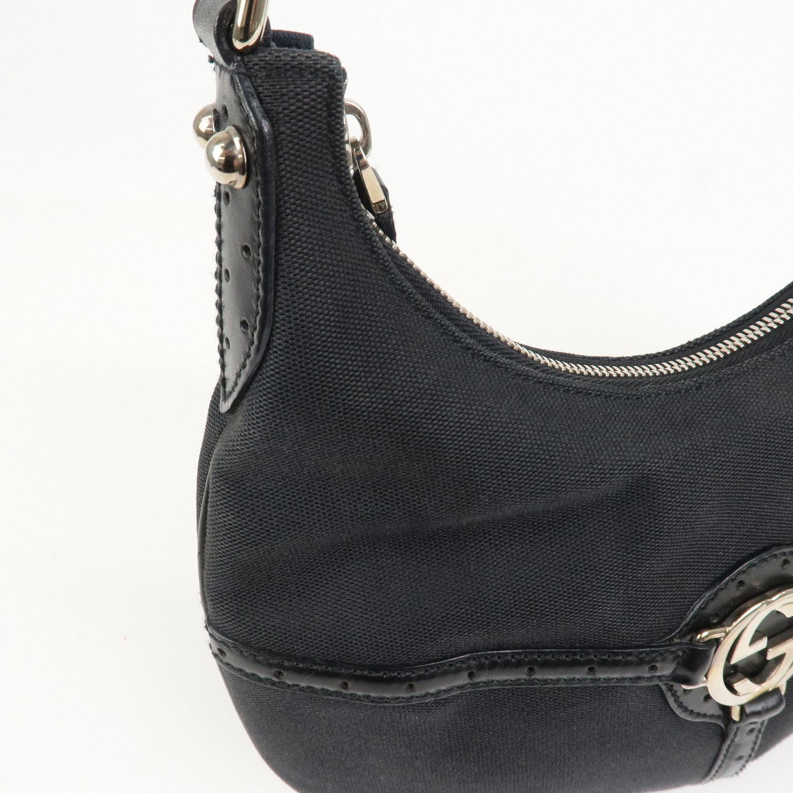 GUCCI Interlocking G Canvas Leather One Shoulder Bag Black 114869