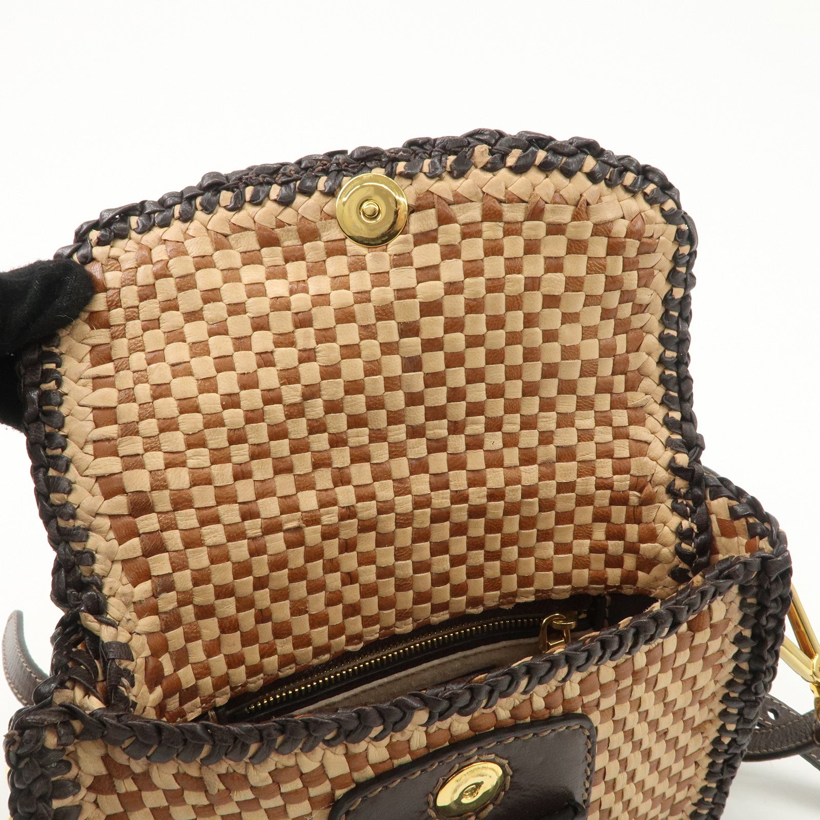 PRADA Madras Leather Shoulder bag Beige Brown BT781V Used