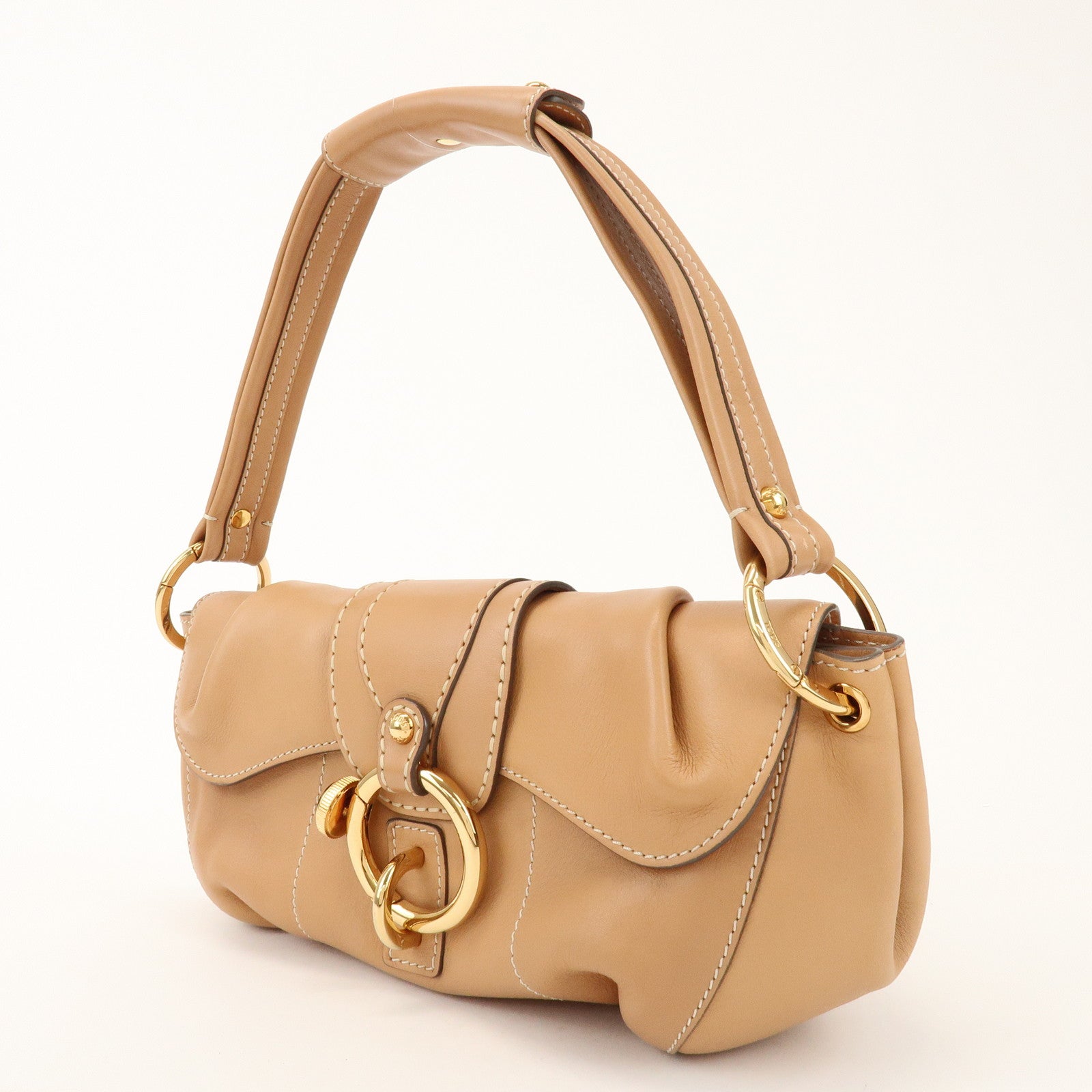 TOD'S Leather Hand Bag Shoulder Bag Circle Lock Light Brown