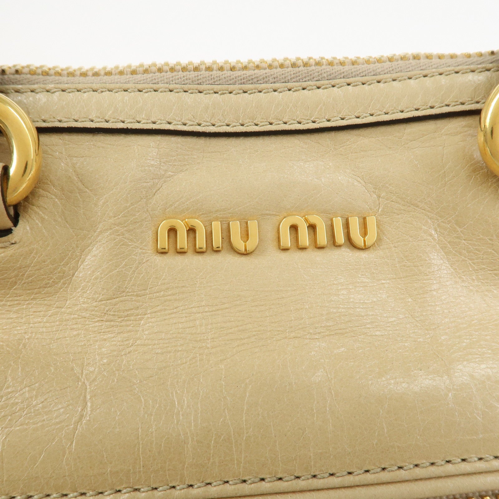 MIU MIU Logo Leather 2Way Bag Hand Bag Shoulder Bag Beige
