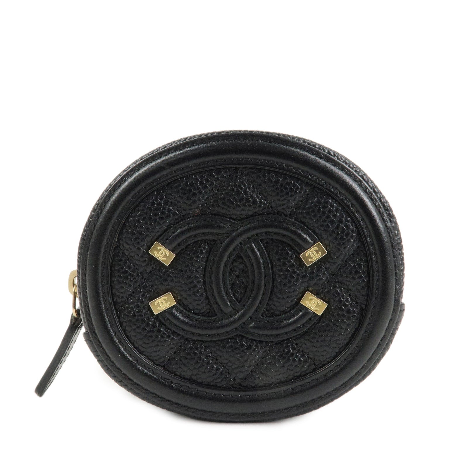 CHANEL Matelasse CC Filigree Caviarskin Coin Case Black A81458 Used