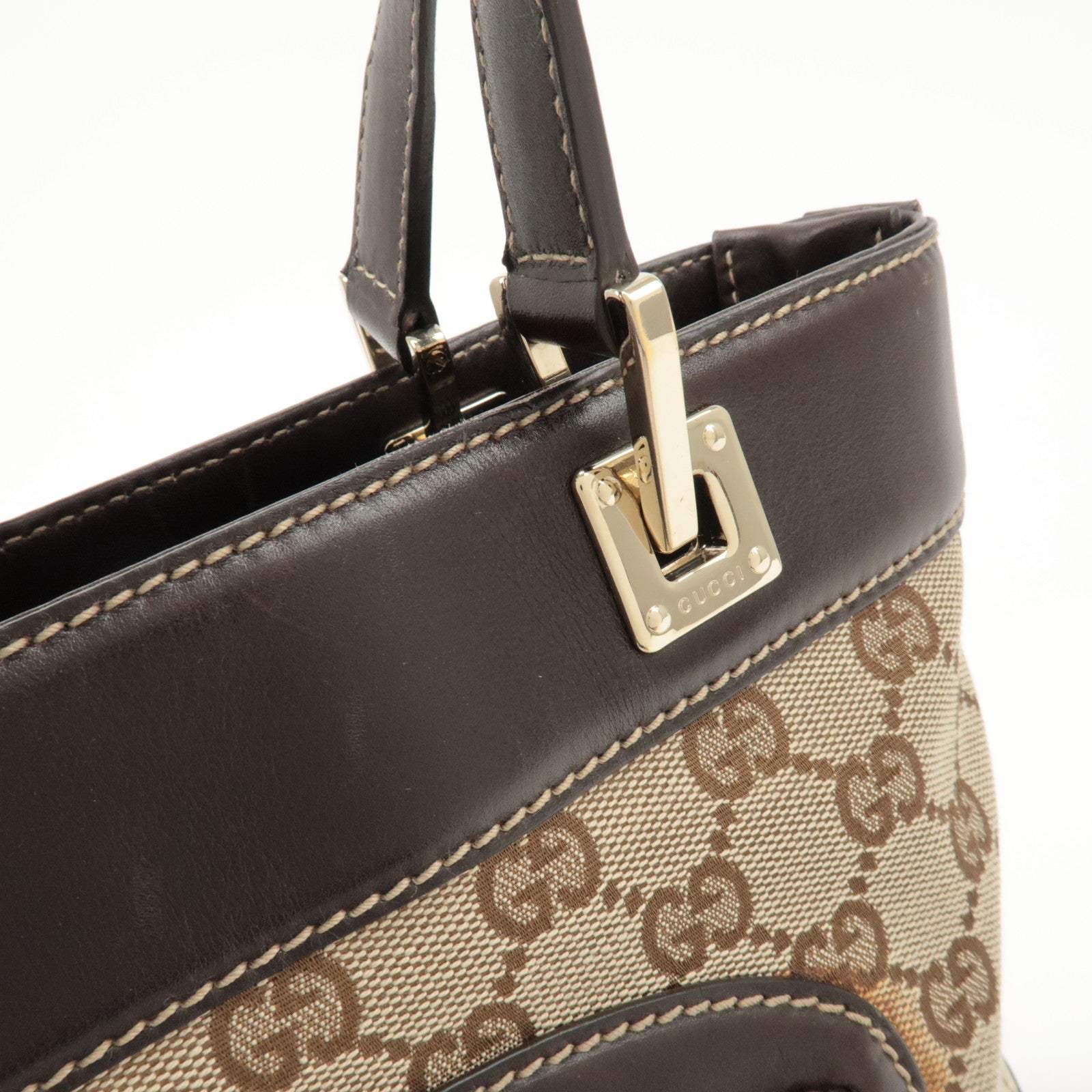 GUCCI GG Canvas Leather Tote Bag Hand Bag Beige Dark Brown 145994 Used