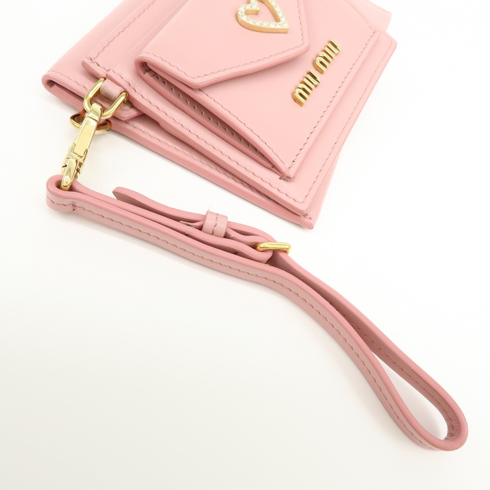 MIU MIU Madras Leather Rhinestone Card Case Heart Love letter Pink
