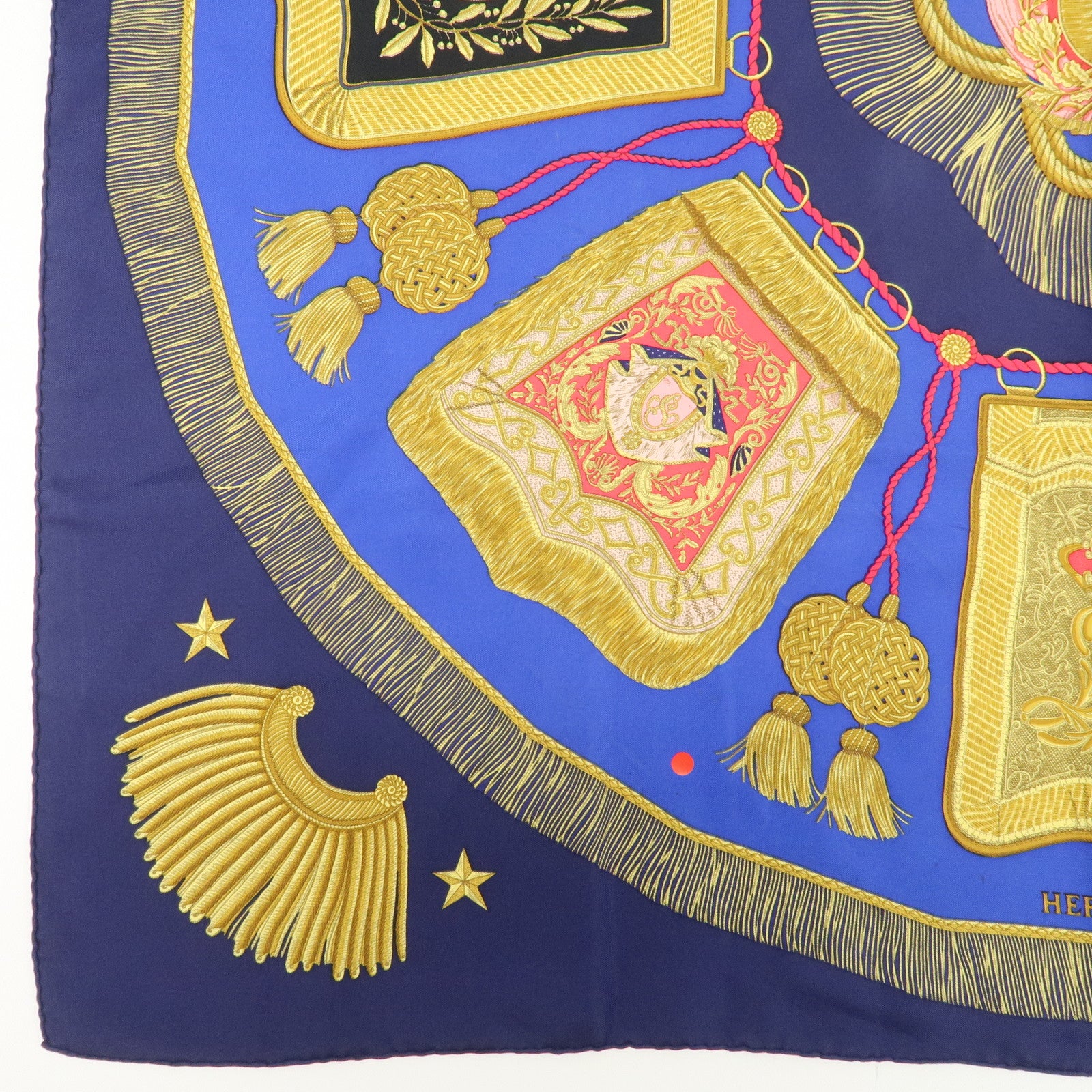 HERMES Carre 90 Silk 100% Paste et Bavalerie Scarf Blue Gold