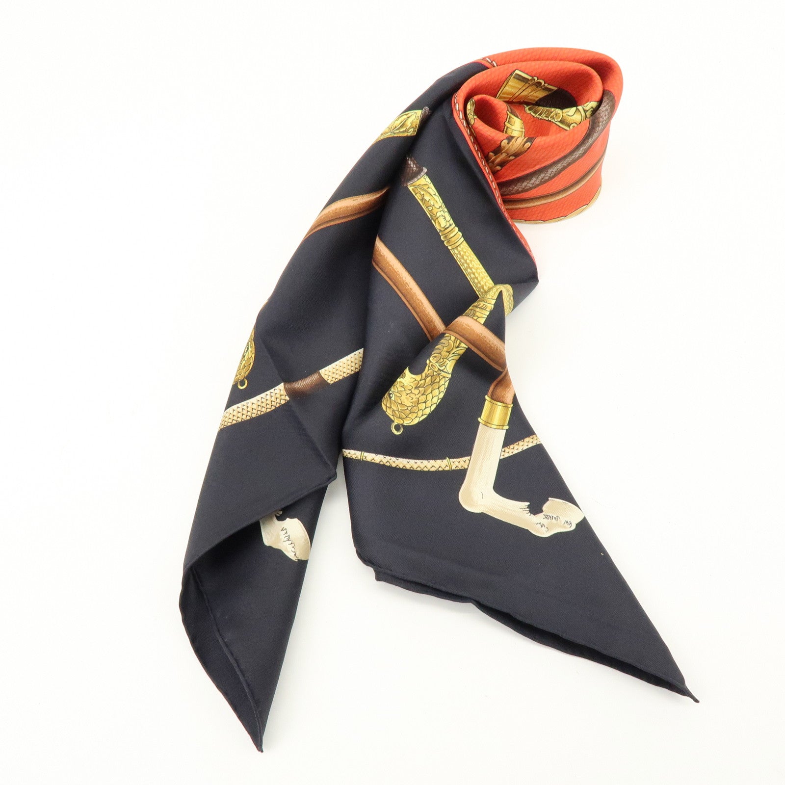 HERMES Carre 90 Silk 100% Scarf CANNES ET POMMEAUX Black Red Brown