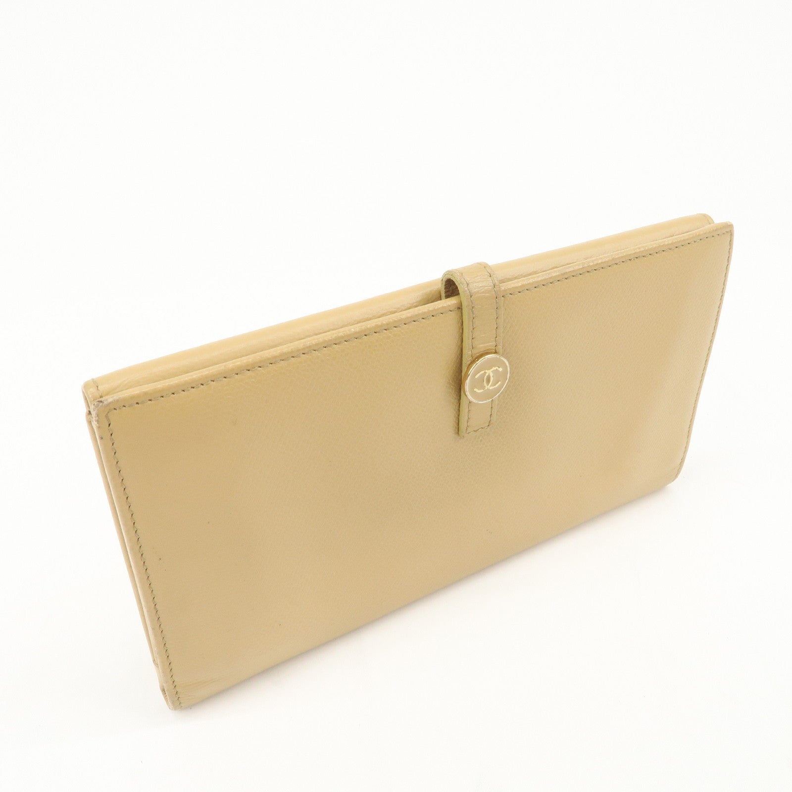 CHANEL COCO Button Leather Double Hook Long Wallet Beige A20905