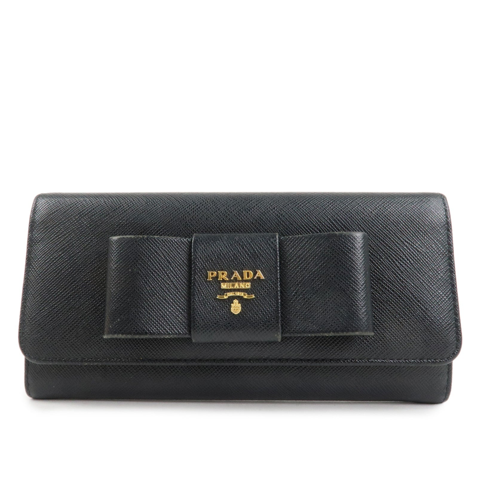 PRADA Saffiano Leather Flap Bi-Fold Long Wallet Black Gold 1MH132 Used