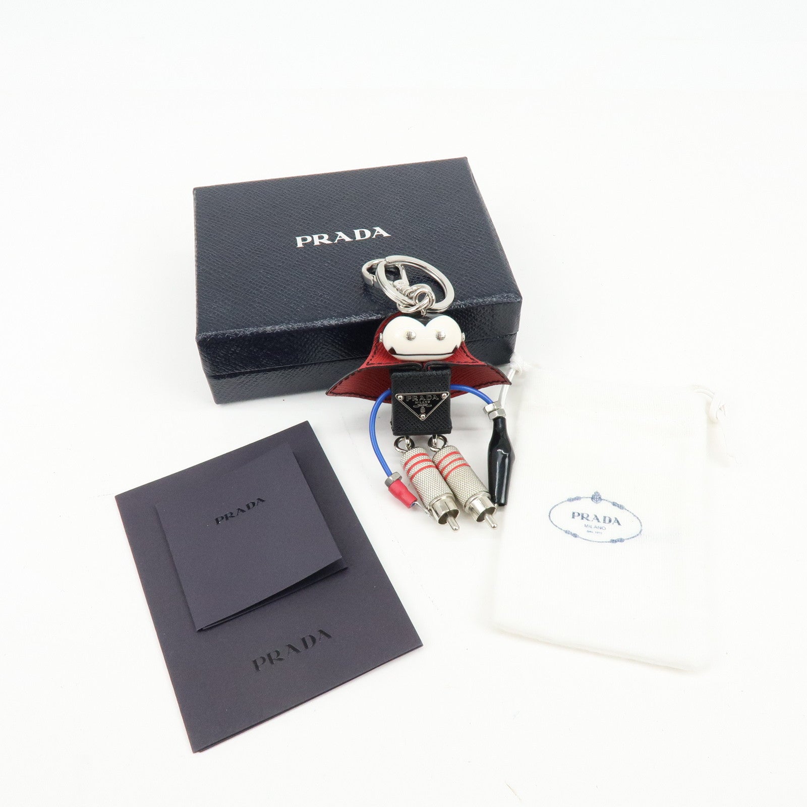 PRADA Triangle Logo Metal Saffiano Leather Bag Key Charm Black Red