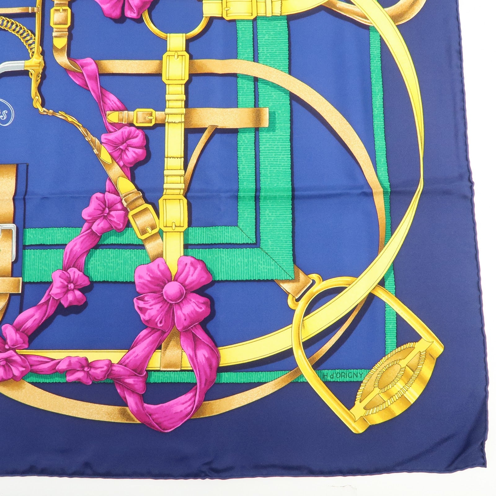 HERMES Carre 90 Silk 100% Grand Manege Scarf Navy Gold