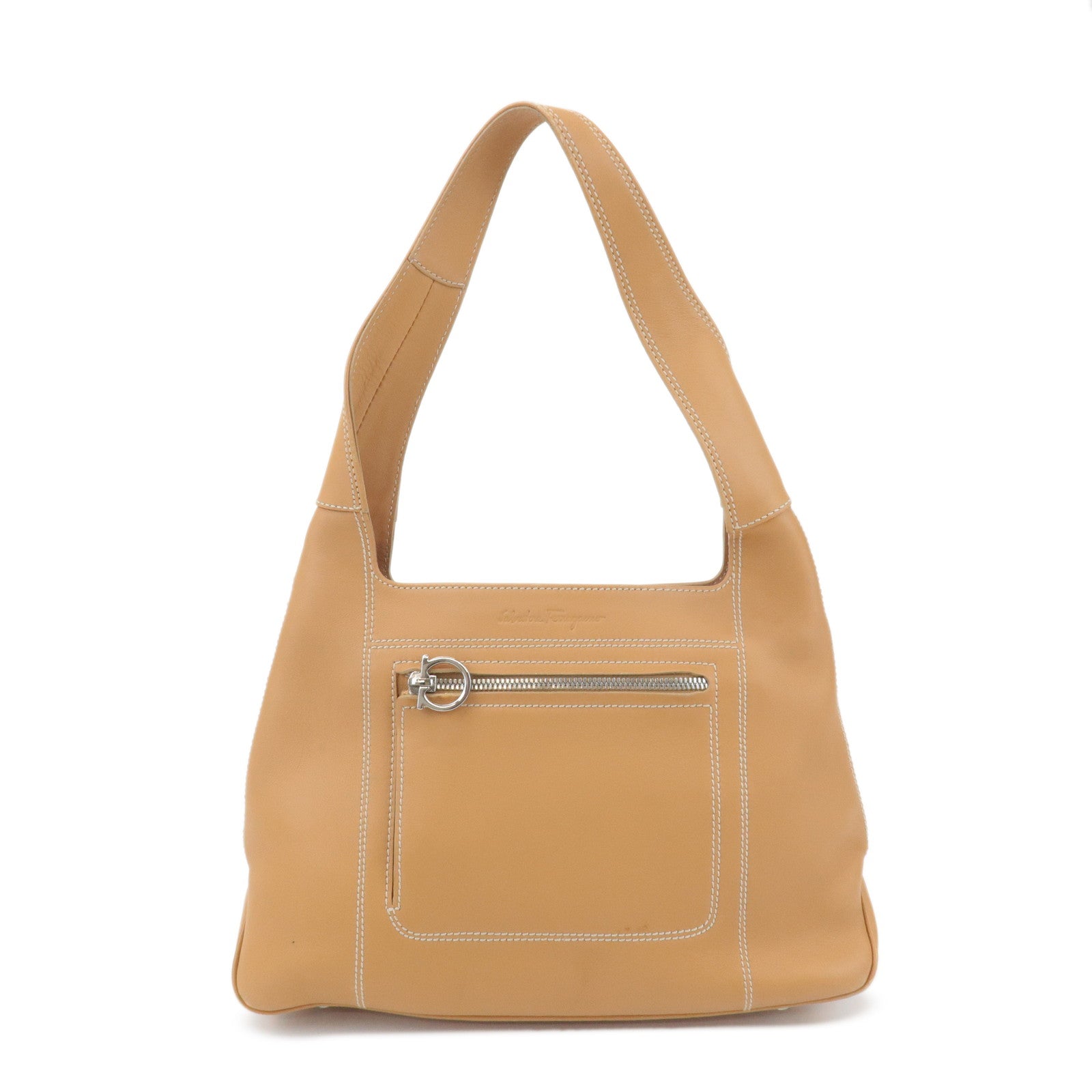 Ferragamo Gancini Leather Shoulder Bag Light Brown Silver HDW Used